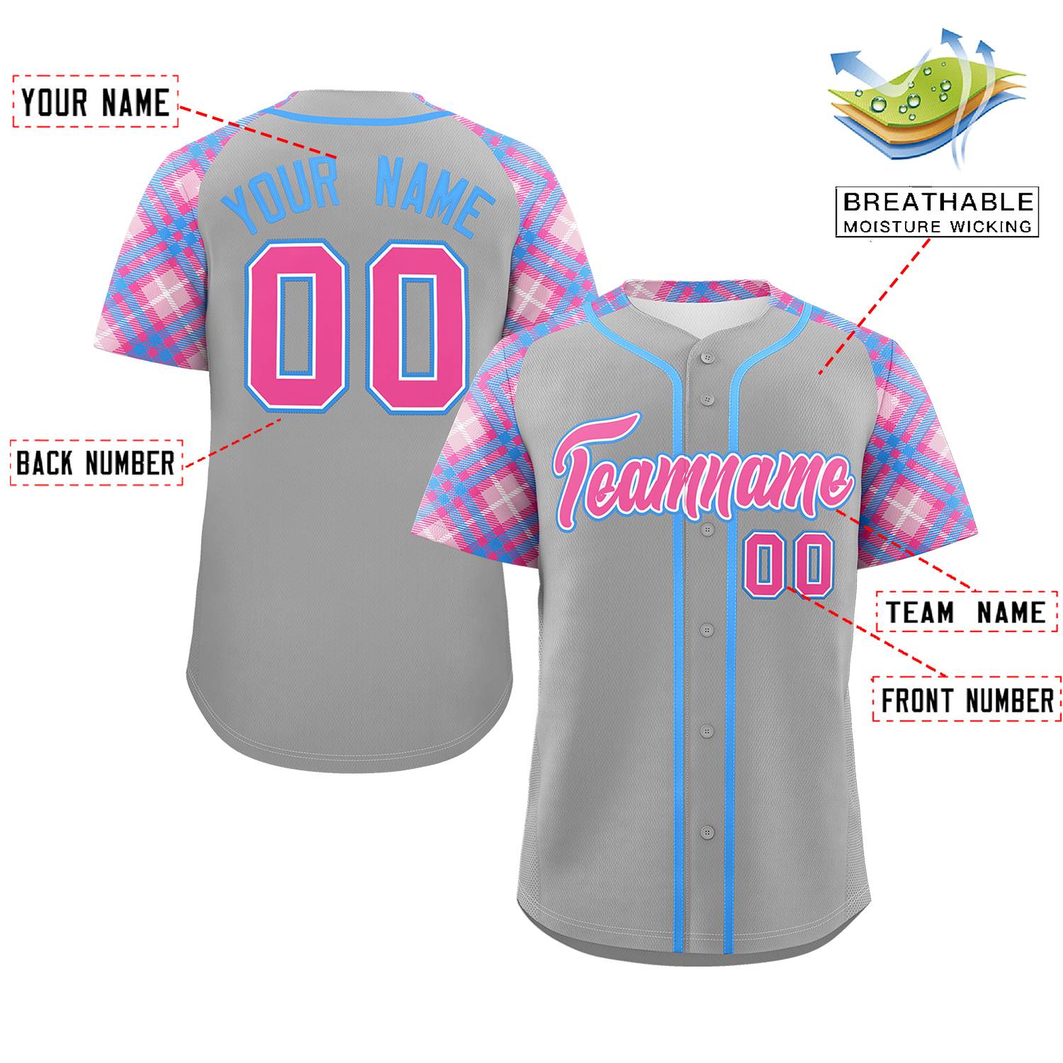 Custom Gray Pink-Light Blue Personalized Raglan Sleeves Authentic Baseball Jersey