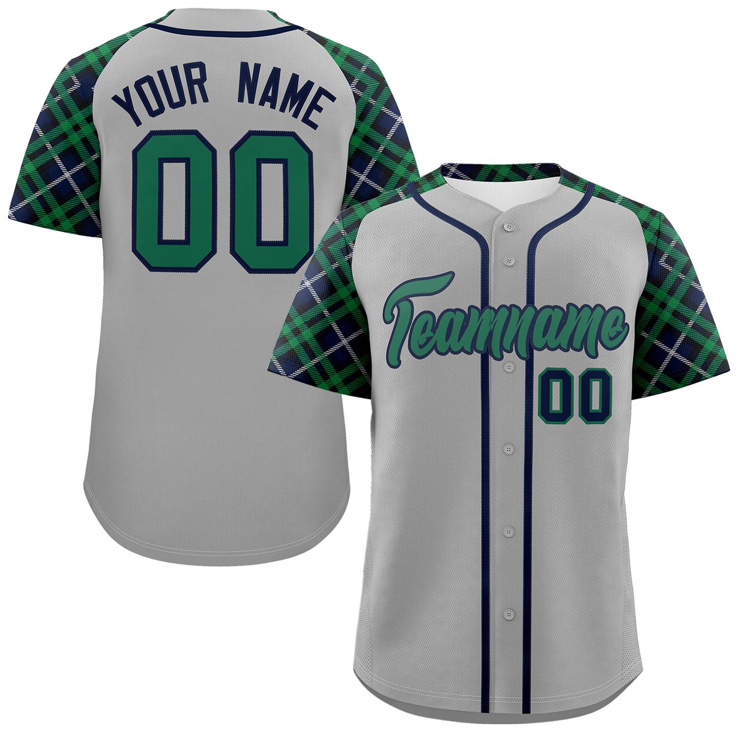 Custom Gray Kelly Green-Navy Personalized Raglan Sleeves Authentic Baseball Jersey