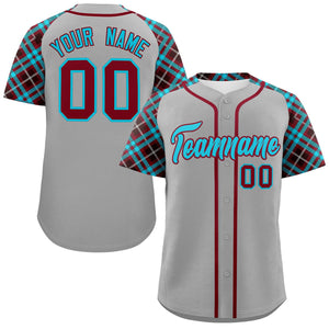 Custom Gray Sky Blue-Crimson Personalized Raglan Sleeves Authentic Baseball Jersey