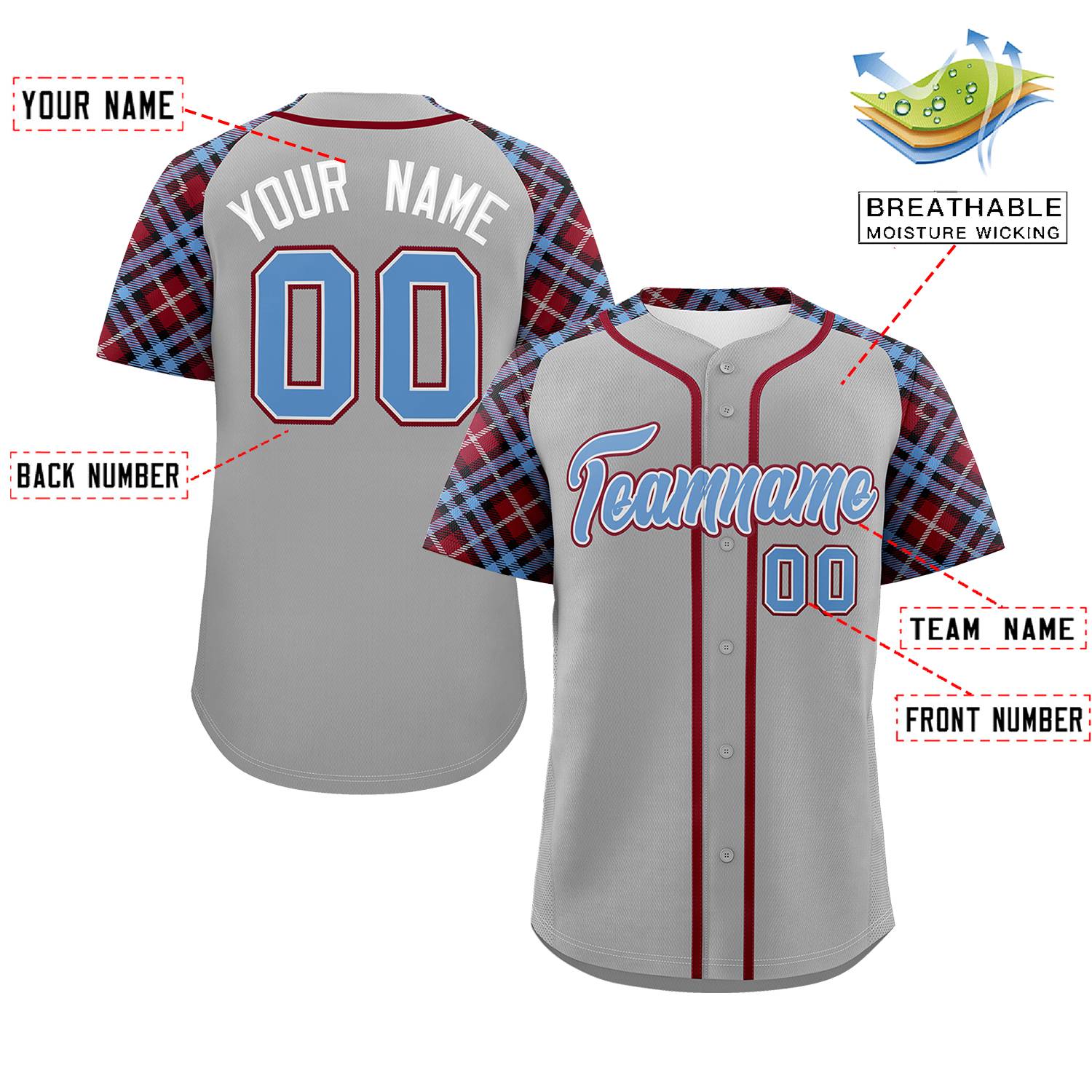 Custom Gray Light Blue-Crimson Personalized Raglan Sleeves Authentic Baseball Jersey