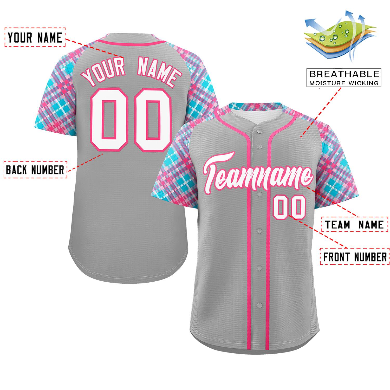 Custom Gray White-Pink Personalized Raglan Sleeves Authentic Baseball Jersey