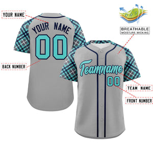 Custom Gray Bright Green-Navy Personalized Raglan Sleeves Authentic Baseball Jersey