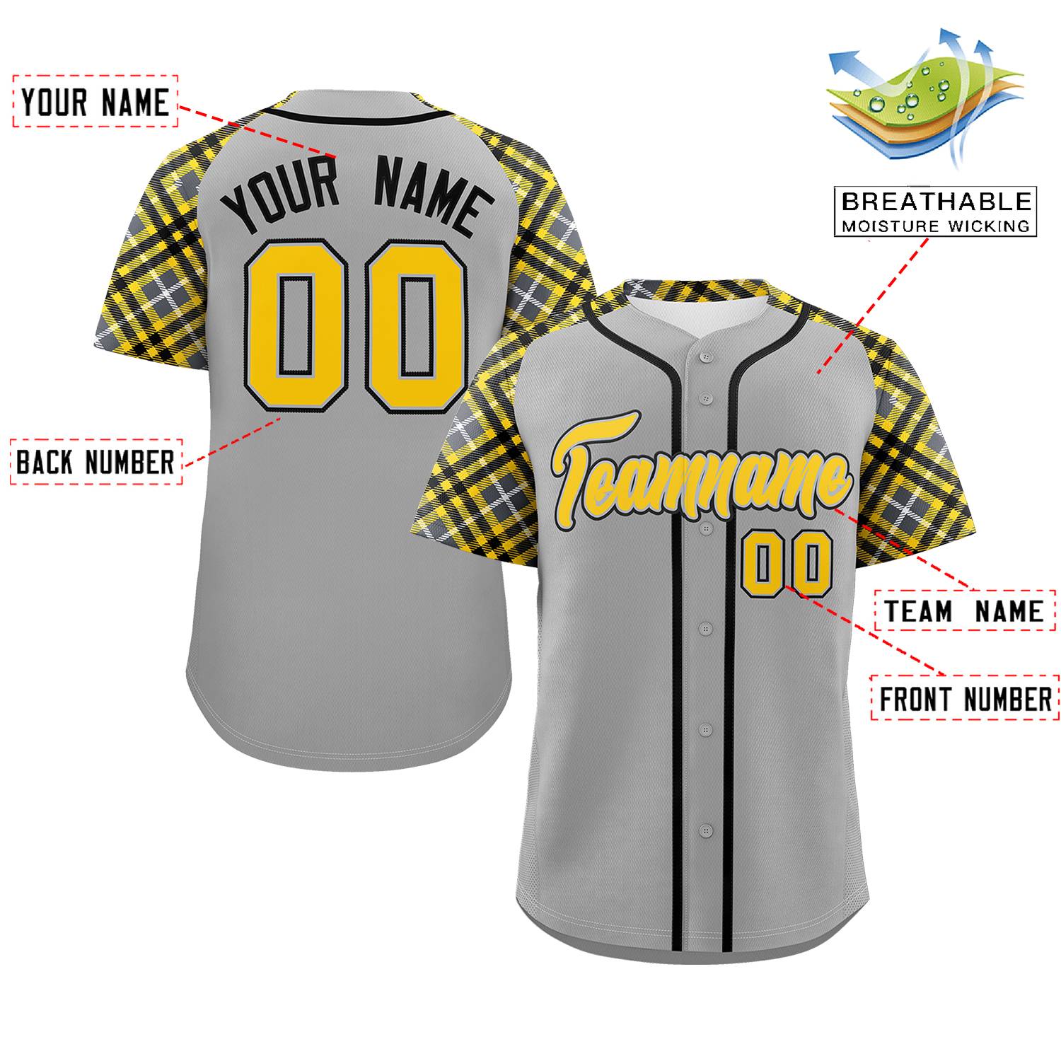 Custom Gray Gold-Black Personalized Raglan Sleeves Authentic Baseball Jersey