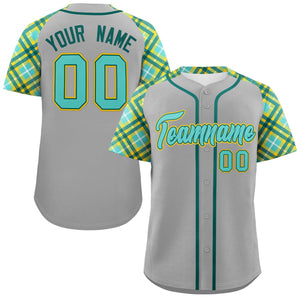 Custom Gray Green-Gold Personalized Raglan Sleeves Authentic Baseball Jersey