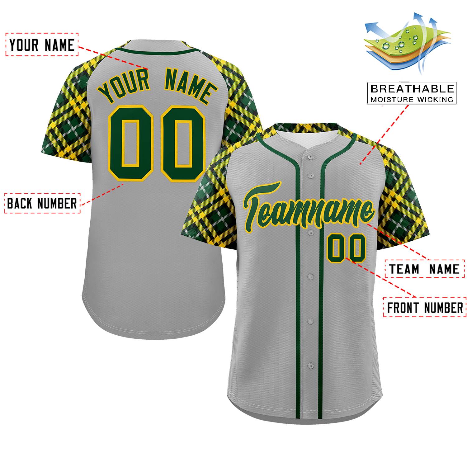 Custom Gray Green-Gold Personalized Raglan Sleeves Authentic Baseball Jersey