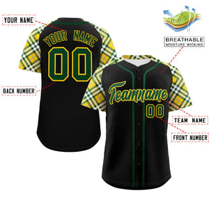 Custom Black Green-Gold Personalized Raglan Sleeves Authentic Baseball Jersey