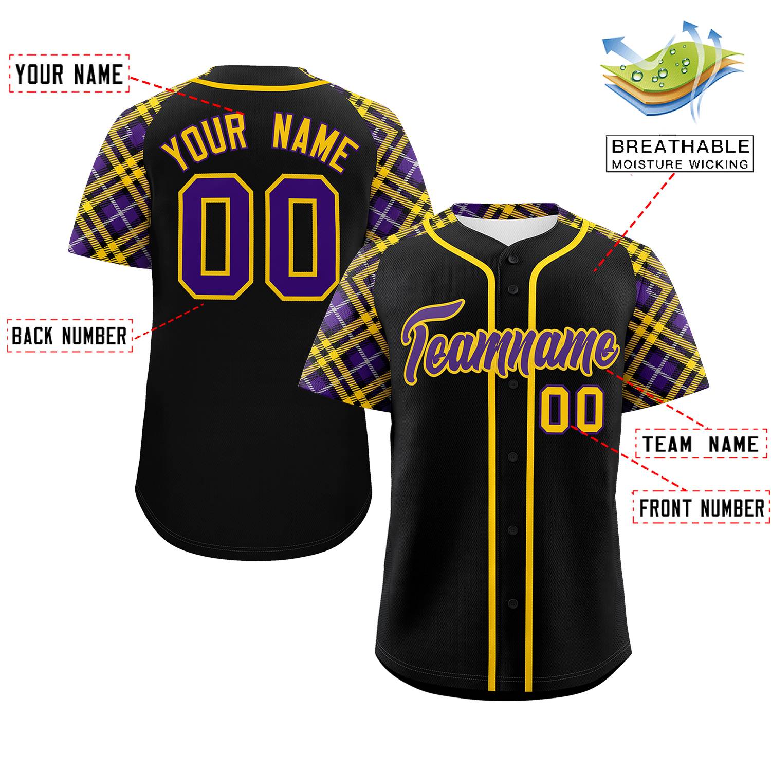 Custom Black Purple-Gold Personalized Raglan Sleeves Authentic Baseball Jersey