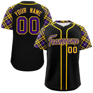 Custom Black Purple-Gold Personalized Raglan Sleeves Authentic Baseball Jersey