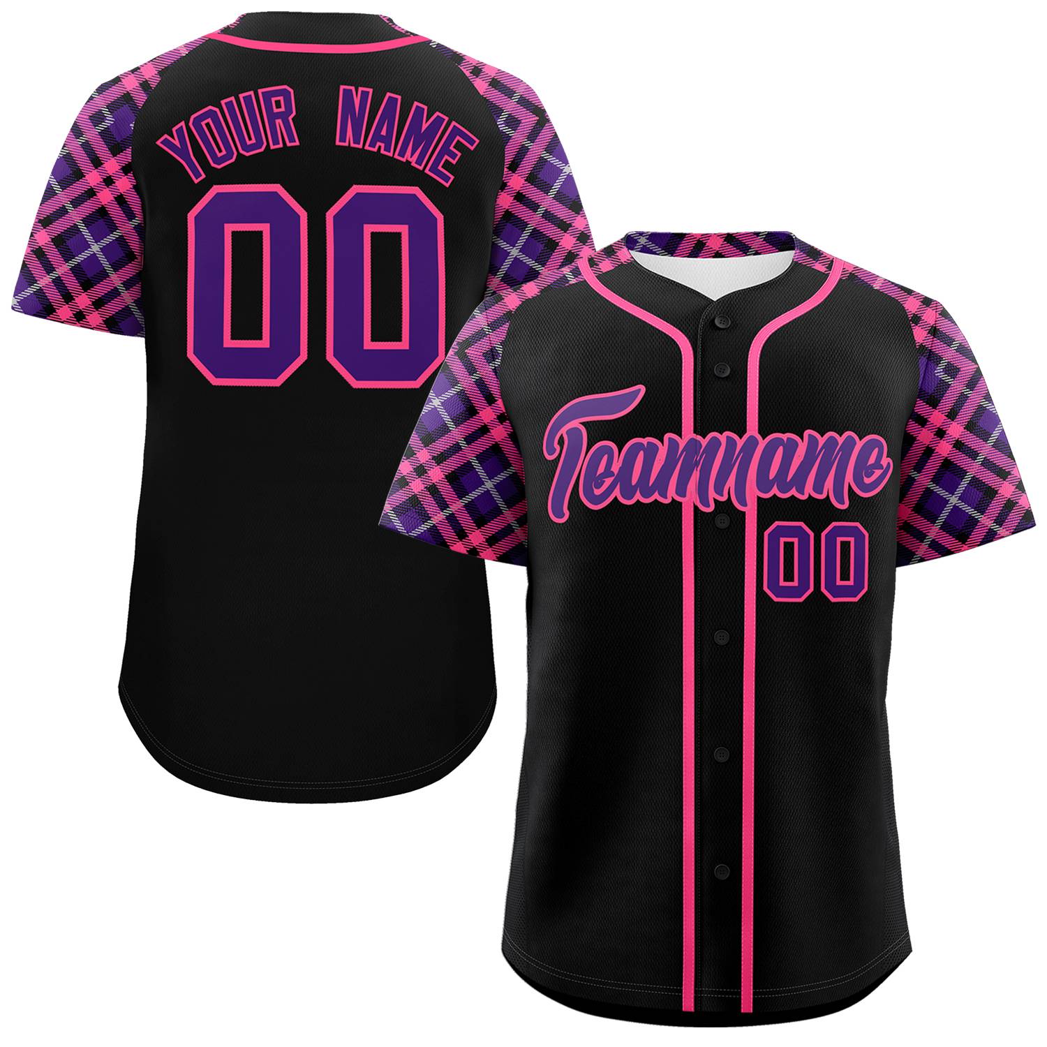 Custom Black Purple-Pink Personalized Raglan Sleeves Authentic Baseball Jersey