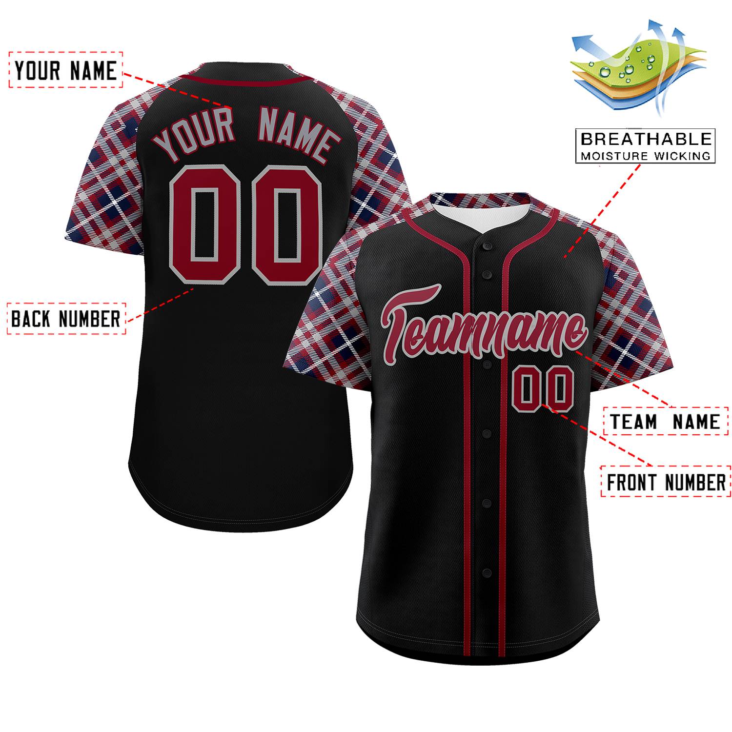 Custom Black Crimson-Dark Gray Personalized Raglan Sleeves Authentic Baseball Jersey