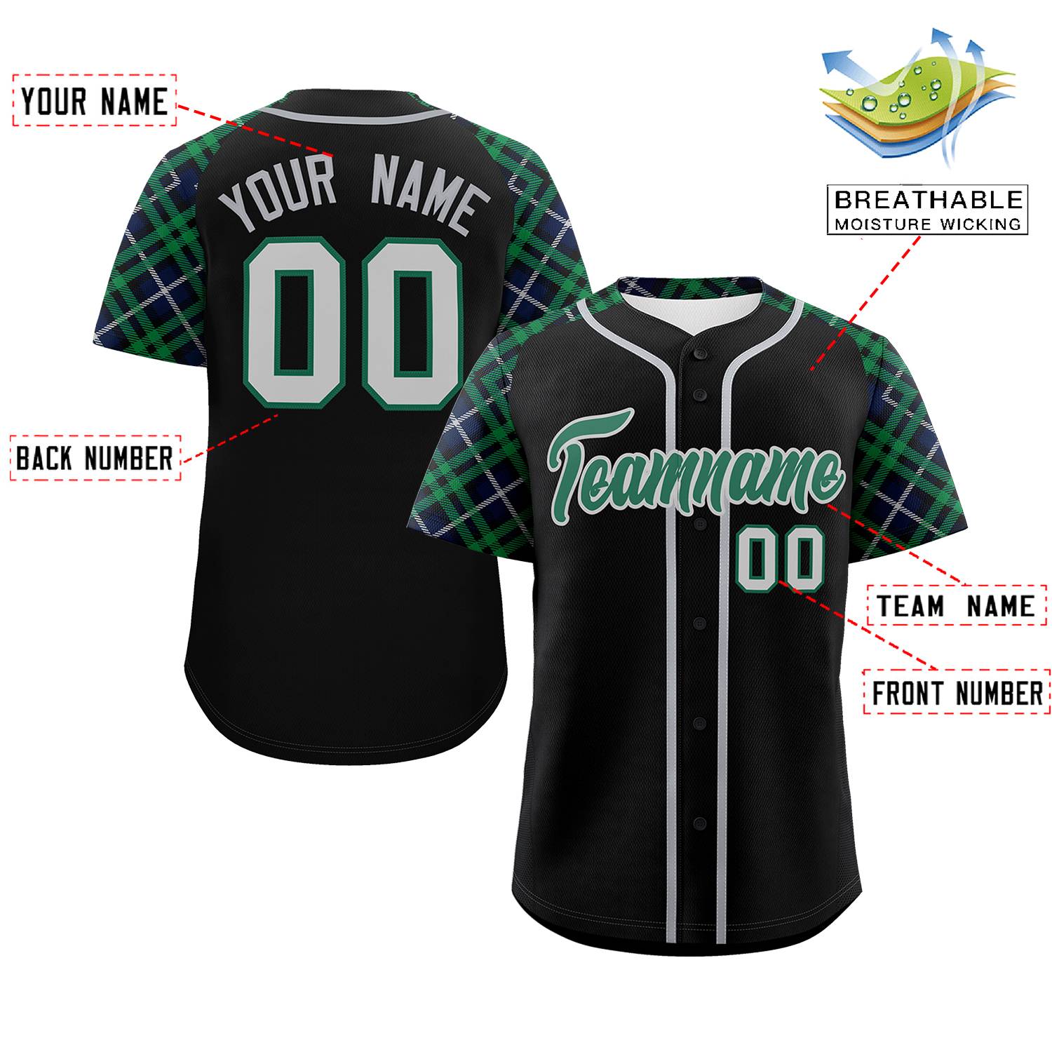 Custom Black Kelly Green-Gray Personalized Raglan Sleeves Authentic Baseball Jersey