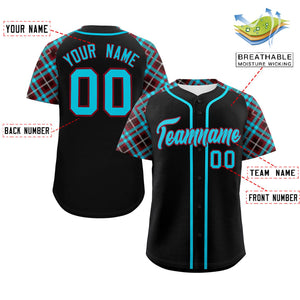 Custom Black Sky Blue-Crimson Personalized Raglan Sleeves Authentic Baseball Jersey