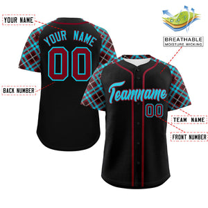 Custom Black Sky Blue-Crimson Personalized Raglan Sleeves Authentic Baseball Jersey