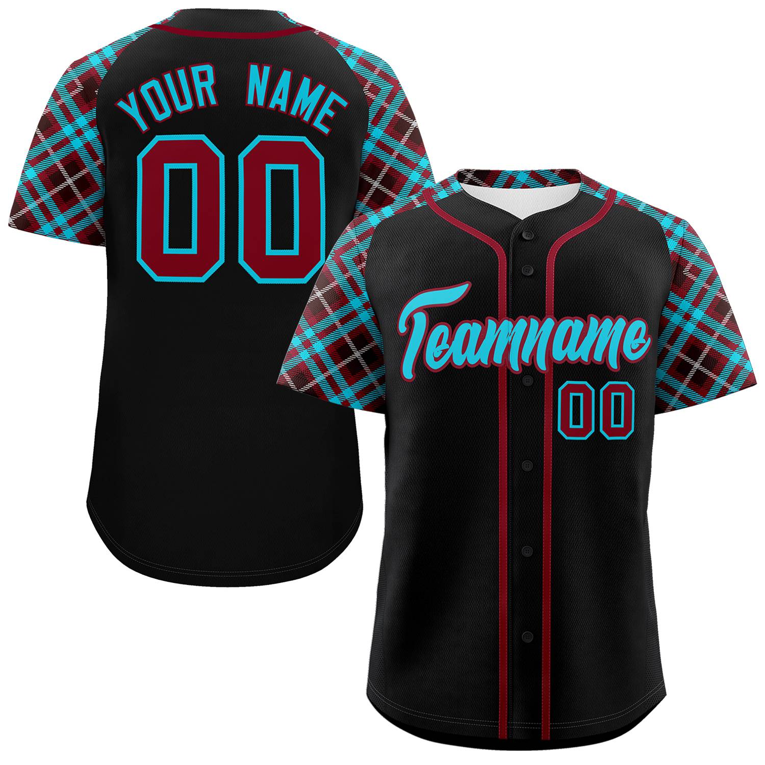 Custom Black Sky Blue-Crimson Personalized Raglan Sleeves Authentic Baseball Jersey