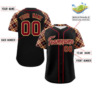 Custom Black Crimson-Old Gold Personalized Raglan Sleeves Authentic Baseball Jersey