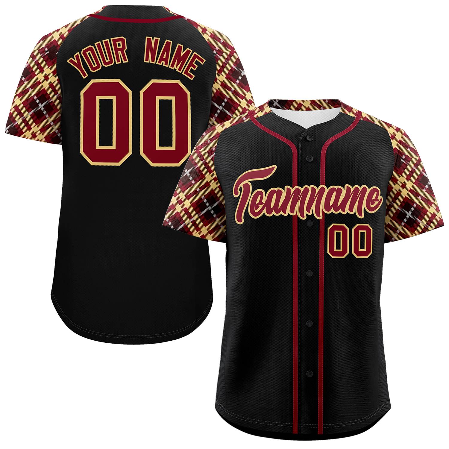 Custom Black Crimson-Old Gold Personalized Raglan Sleeves Authentic Baseball Jersey