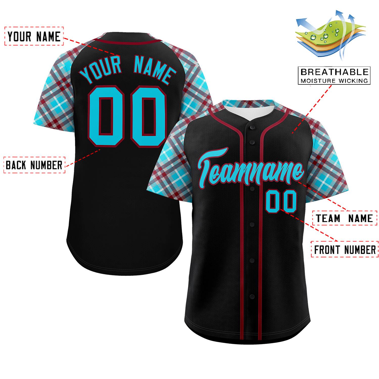 Custom Black Sky Blue-Crimson Personalized Raglan Sleeves Authentic Baseball Jersey