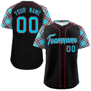 Custom Black Sky Blue-Crimson Personalized Raglan Sleeves Authentic Baseball Jersey