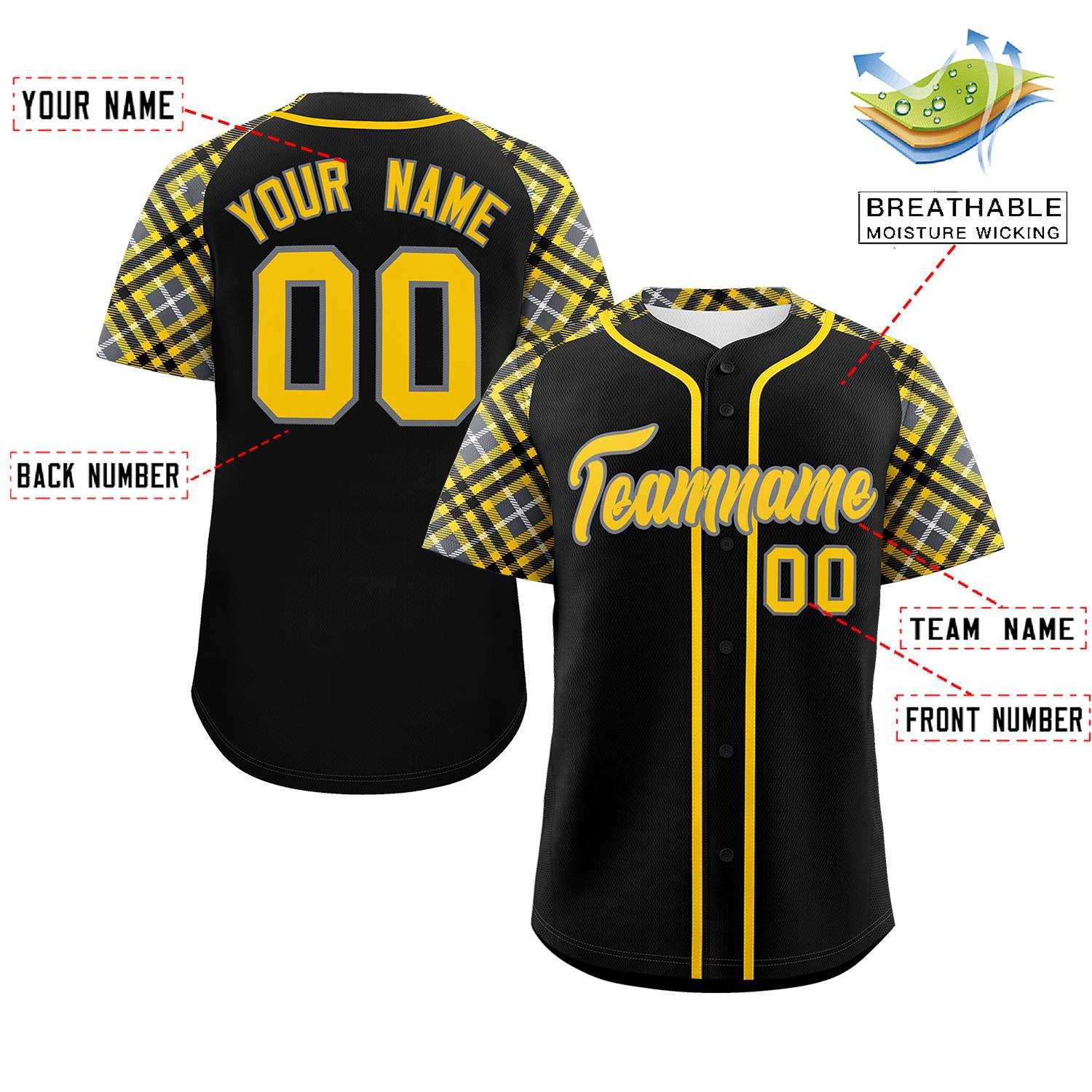 Custom Black Gold-Gray Personalized Raglan Sleeves Authentic Baseball Jersey