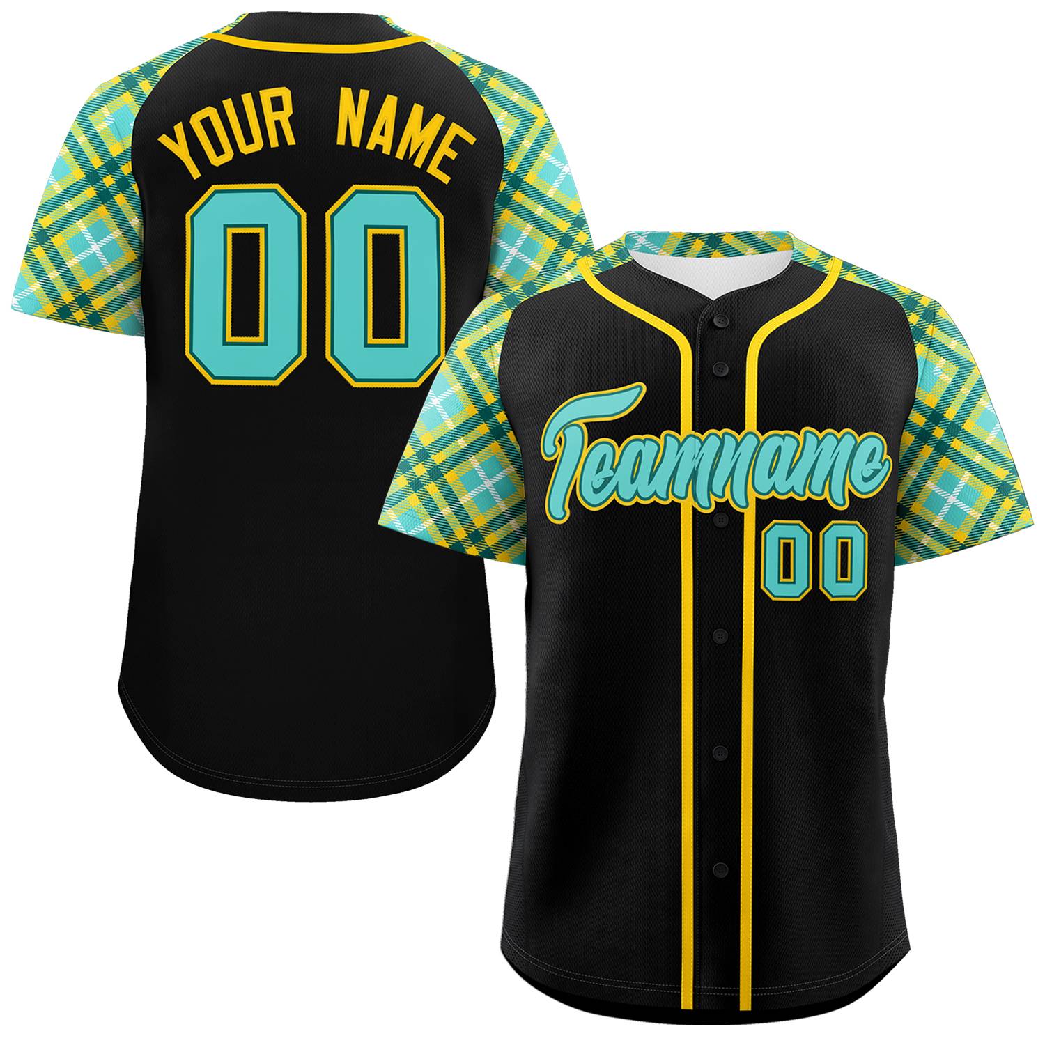 Custom Black Bright Green-Gold Personalized Raglan Sleeves Authentic Baseball Jersey