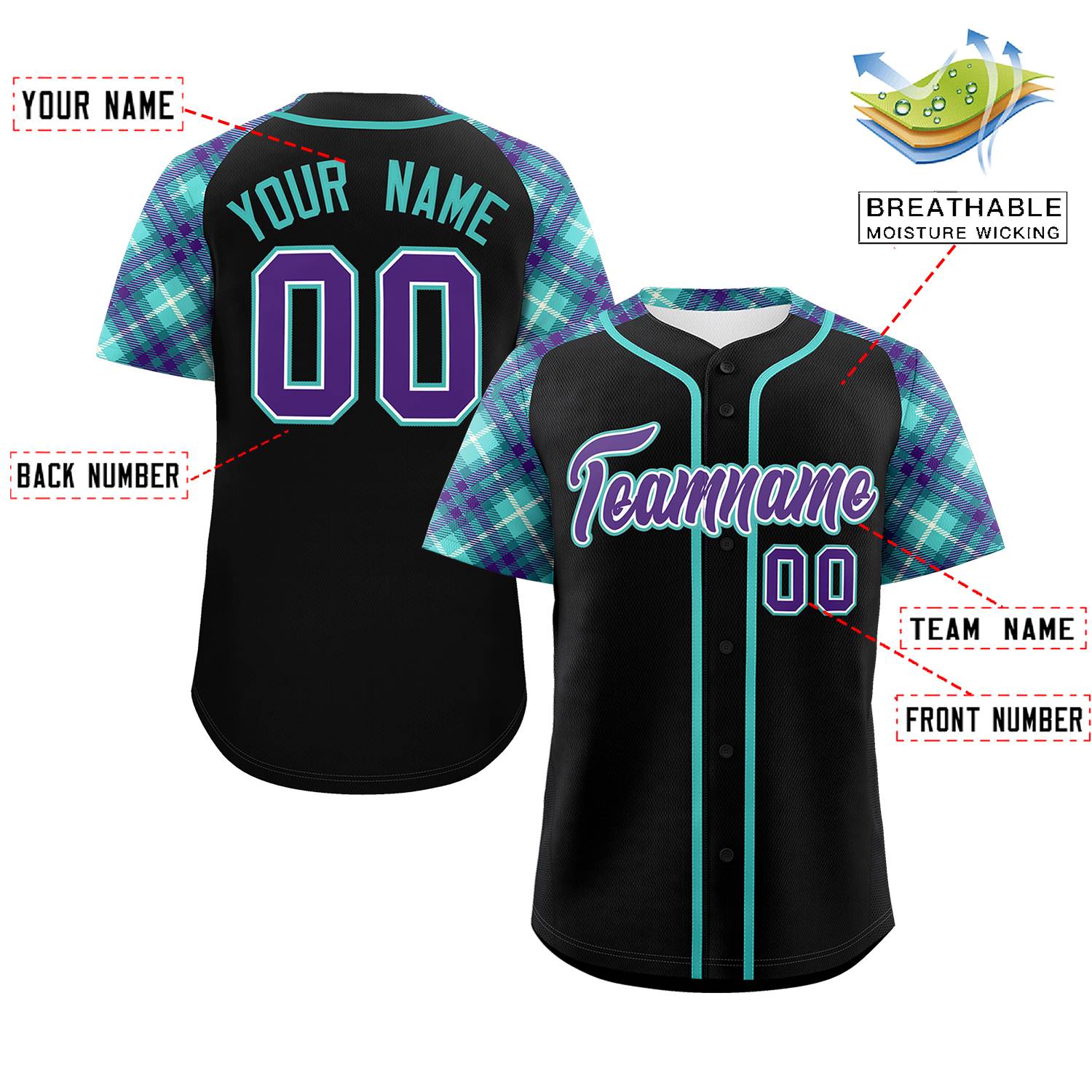 Custom Black Purple-Bright Green Personalized Raglan Sleeves Authentic Baseball Jersey