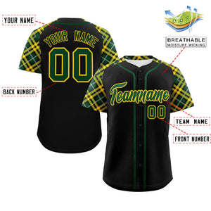 Custom Black Green-Gold Personalized Raglan Sleeves Authentic Baseball Jersey