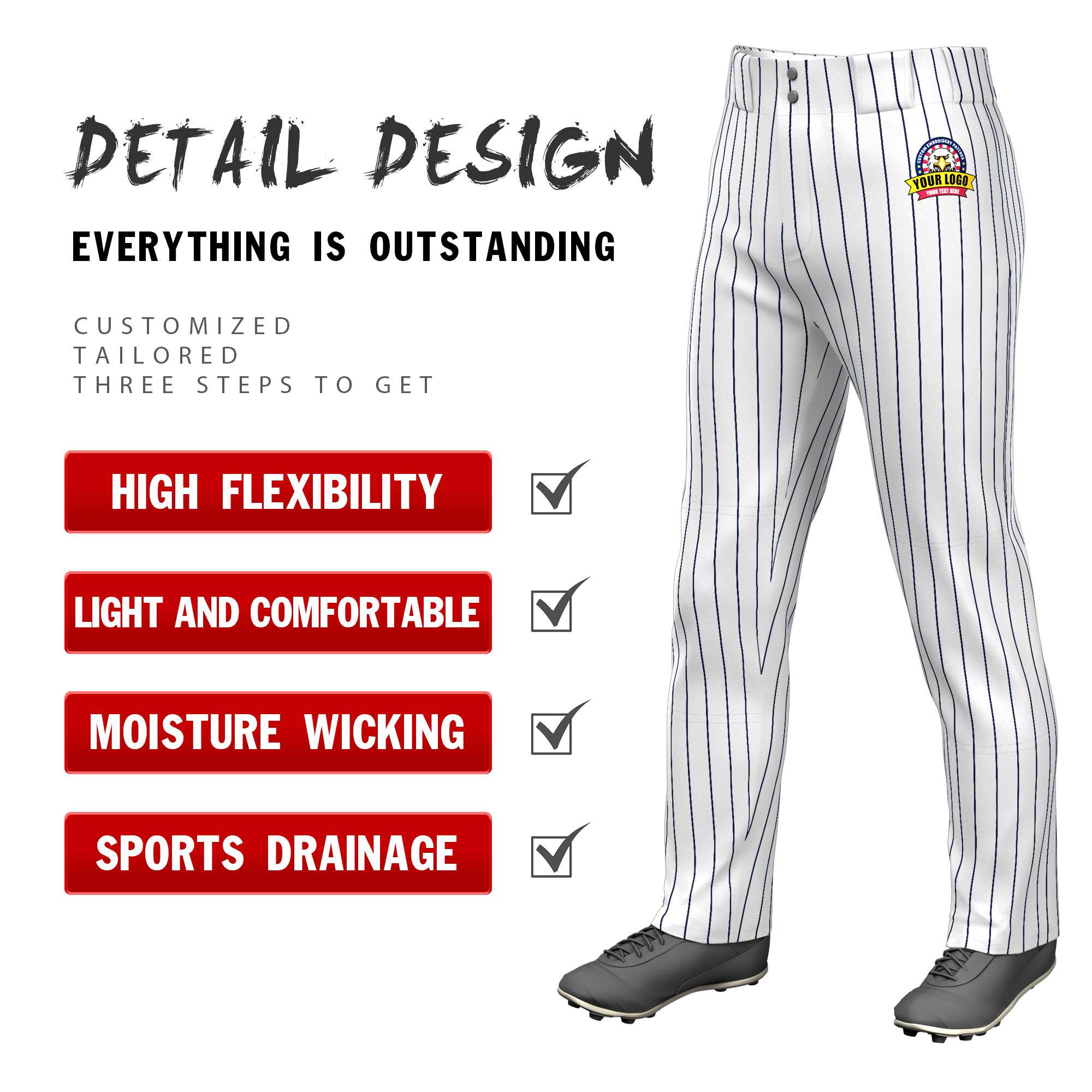 Custom White Navy Pinstripe Fit Stretch Practice Pull  Up Baseball Pants