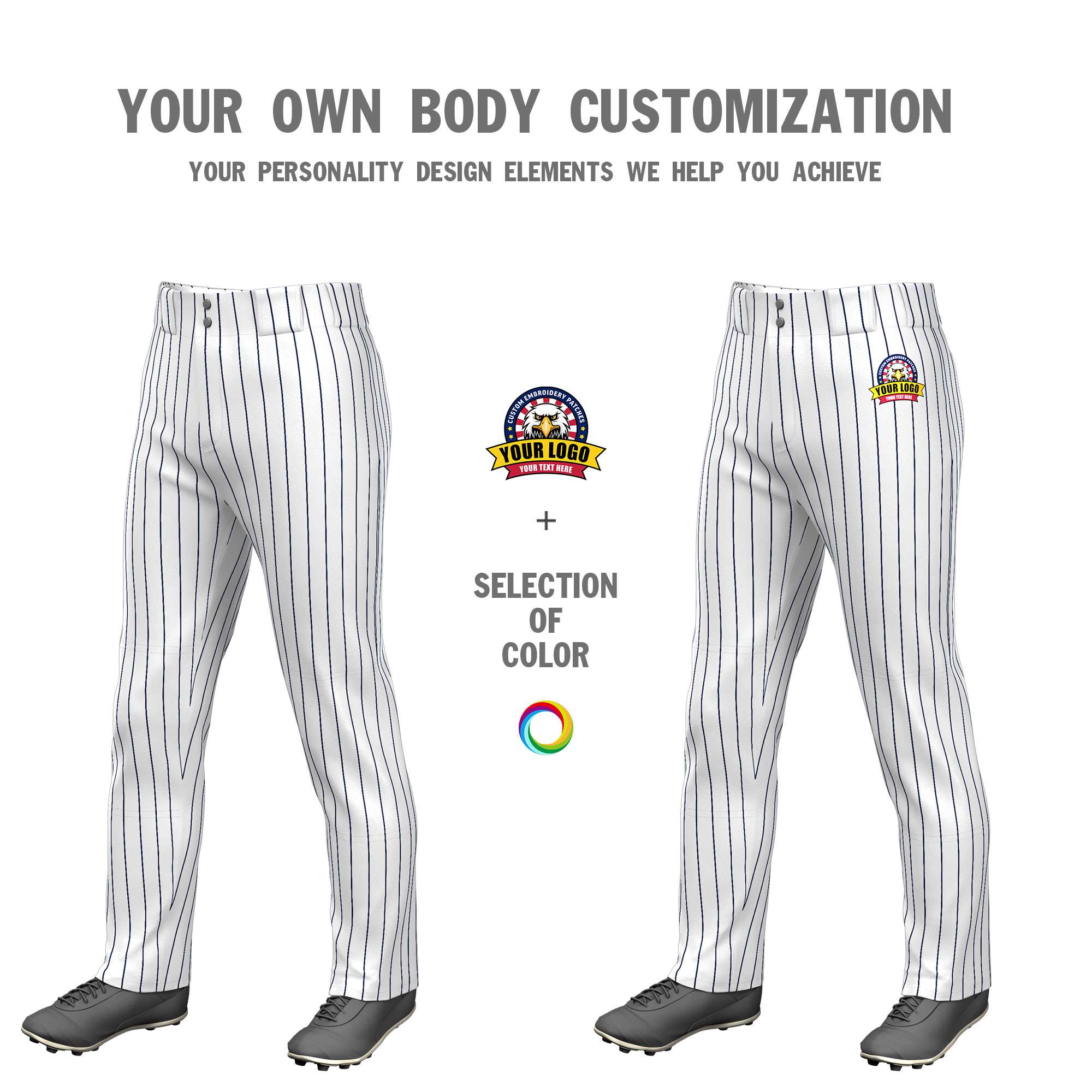 Custom White Navy Pinstripe Fit Stretch Practice Pull  Up Baseball Pants