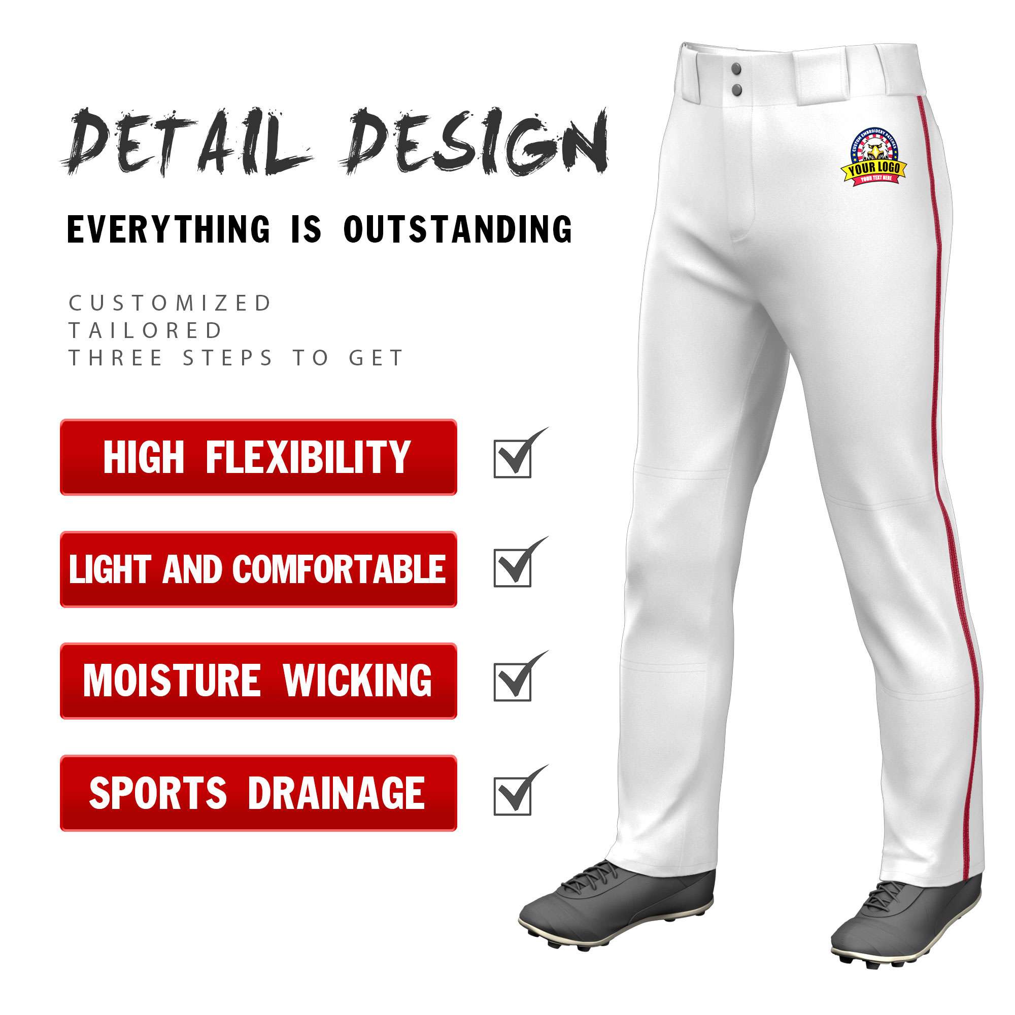 Custom White Red Pinstripe Fit Stretch Practice Pull  Up Baseball Pants