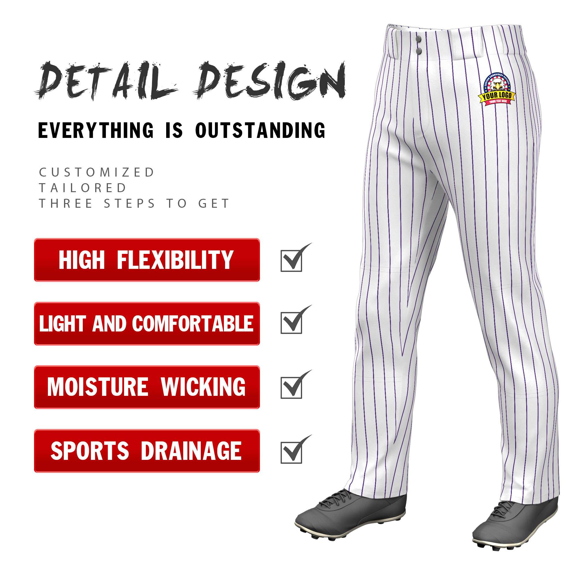 Custom White Purple Pinstripe Fit Stretch Practice Pull  Up Baseball Pants