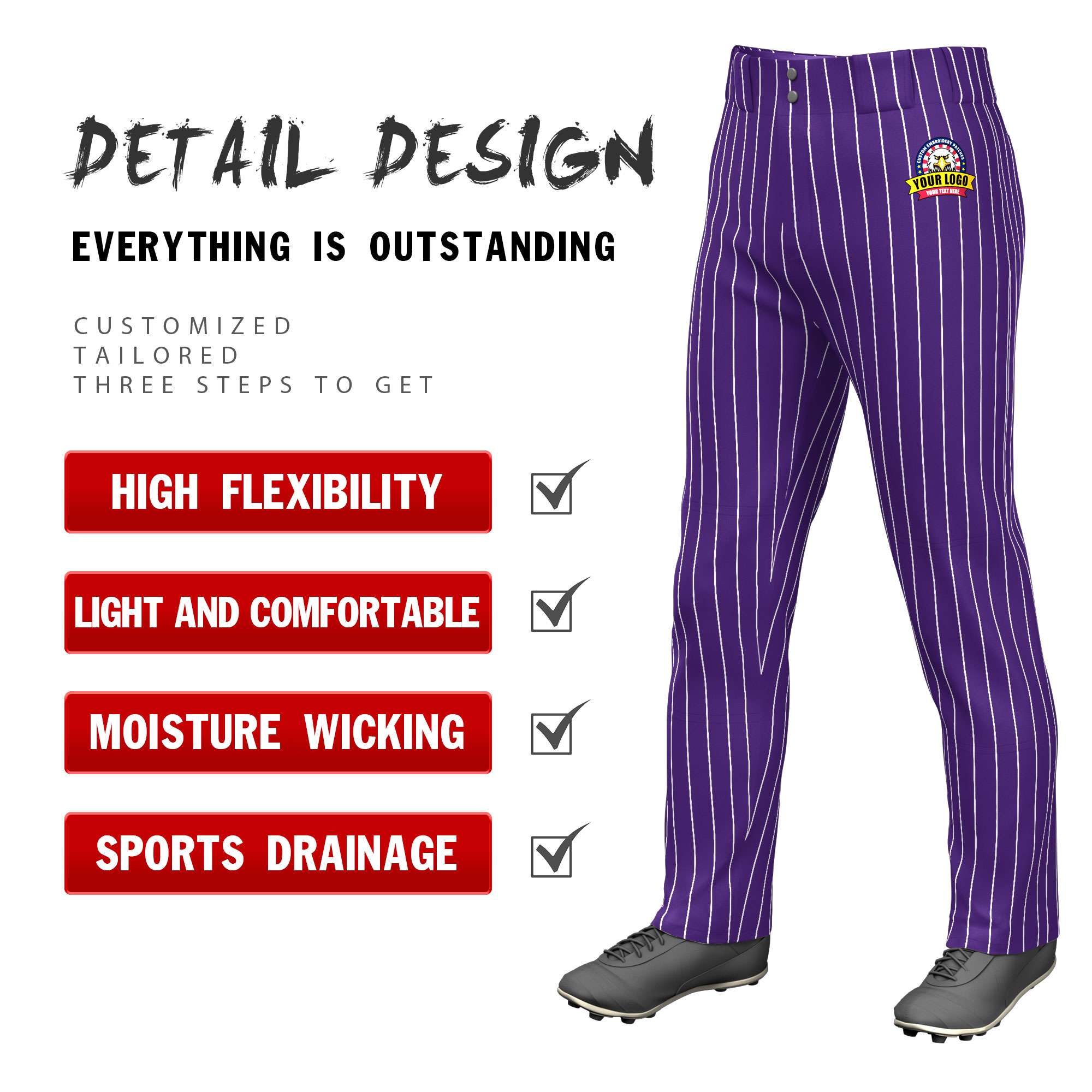 Custom Purple White Pinstripe Fit Stretch Practice Loose-fit Baseball Pants