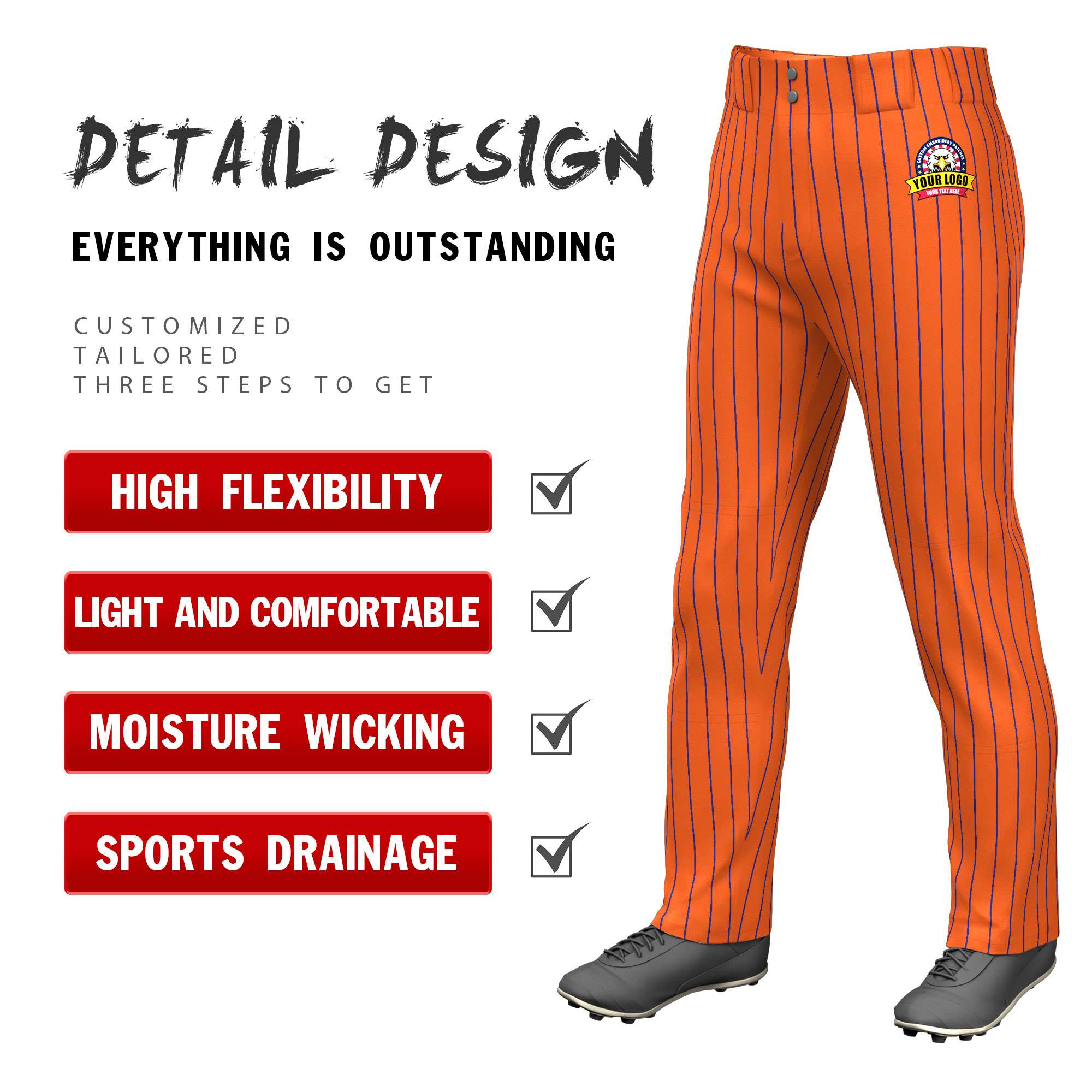 Custom Cadmium Orange Red Pinstripe Fit Stretch Practice Pull  Up Baseball Pants