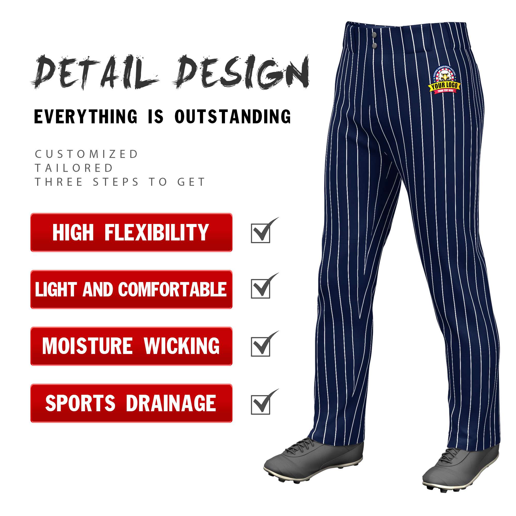 Custom Navy White Pinstripe Fit Stretch Practice Loose-fit Baseball Pants