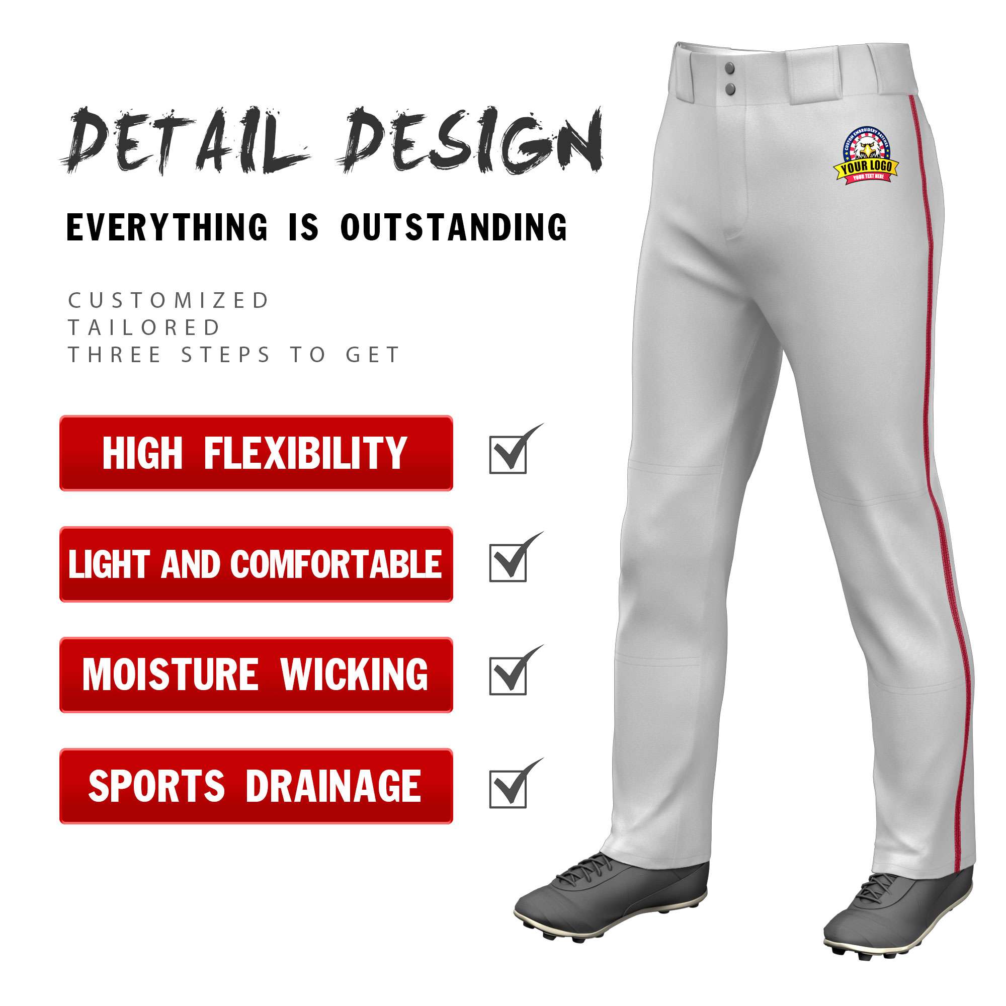 Custom Gray Red Pinstripe Fit Stretch Practice Loose-fit Baseball Pants