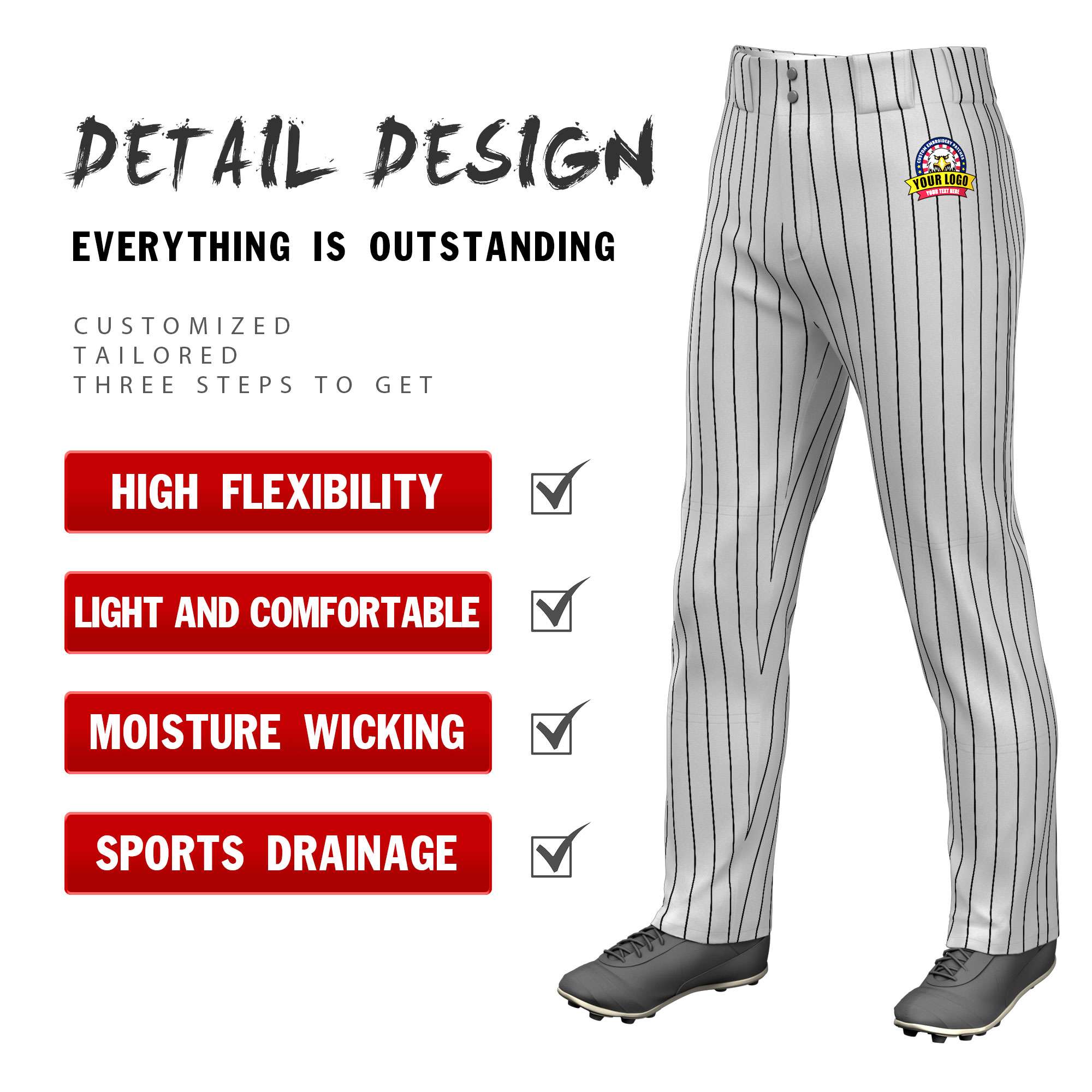 Custom Gray Black Pinstripe Fit Stretch Practice Loose-fit Baseball Pants