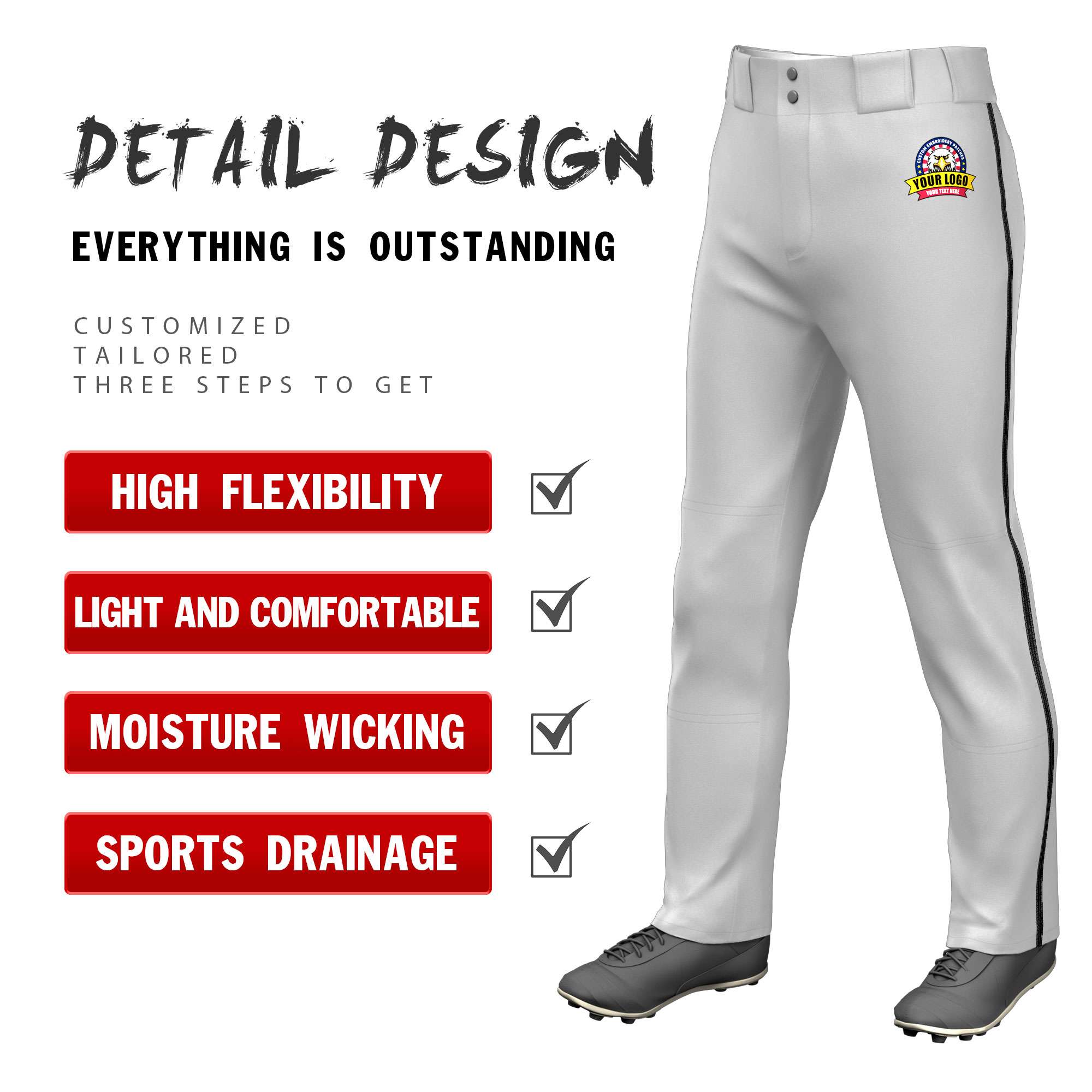 Custom Gray Red Pinstripe Fit Stretch Practice Pull  Up Baseball Pants