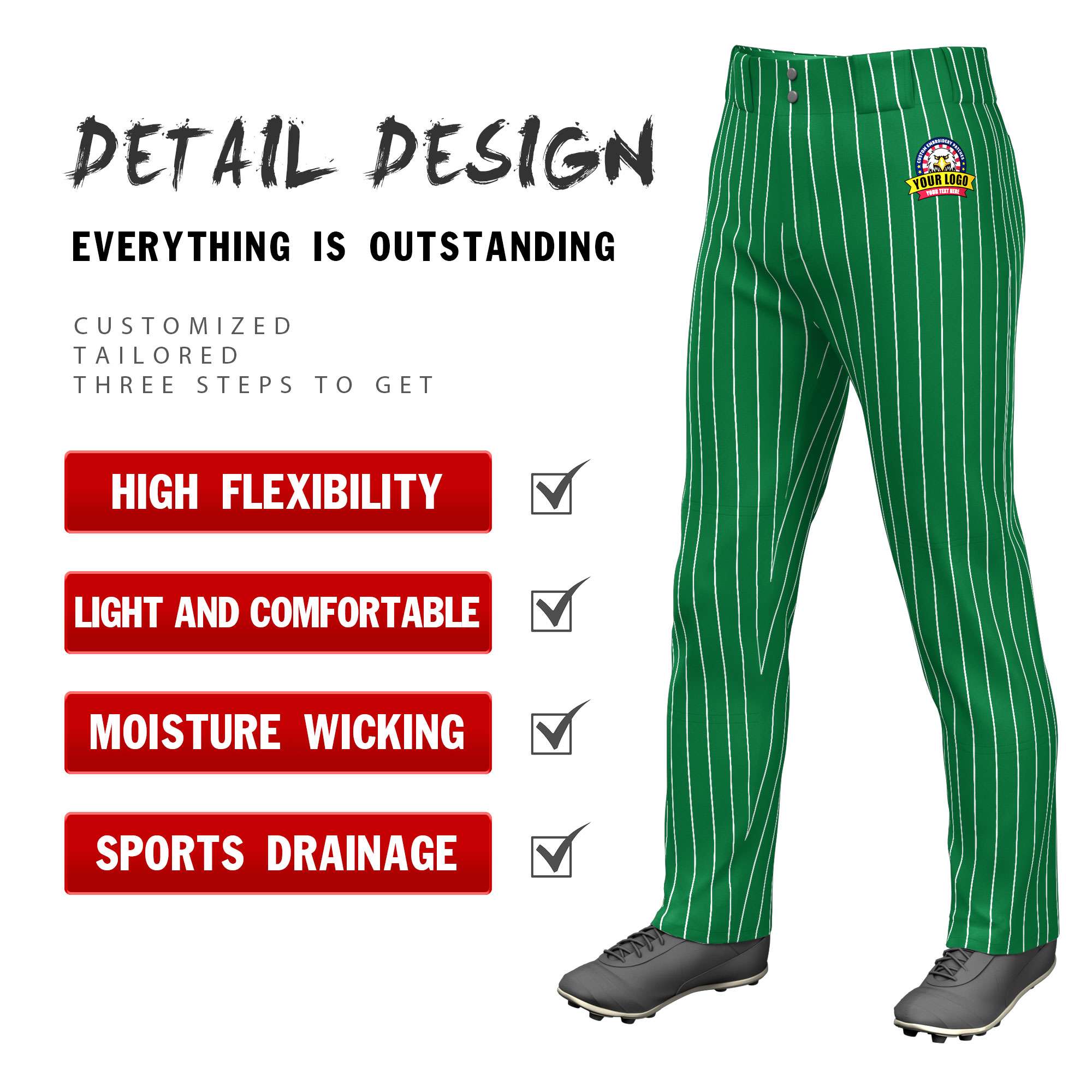 Custom Kelly Green White Pinstripe Fit Stretch Practice Loose-fit Baseball Pants