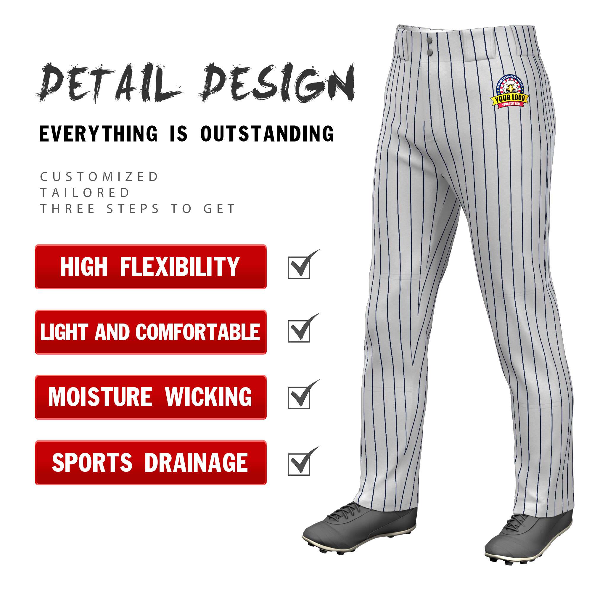 Custom Gray Black Pinstripe Fit Stretch Practice Pull  Up Baseball Pants