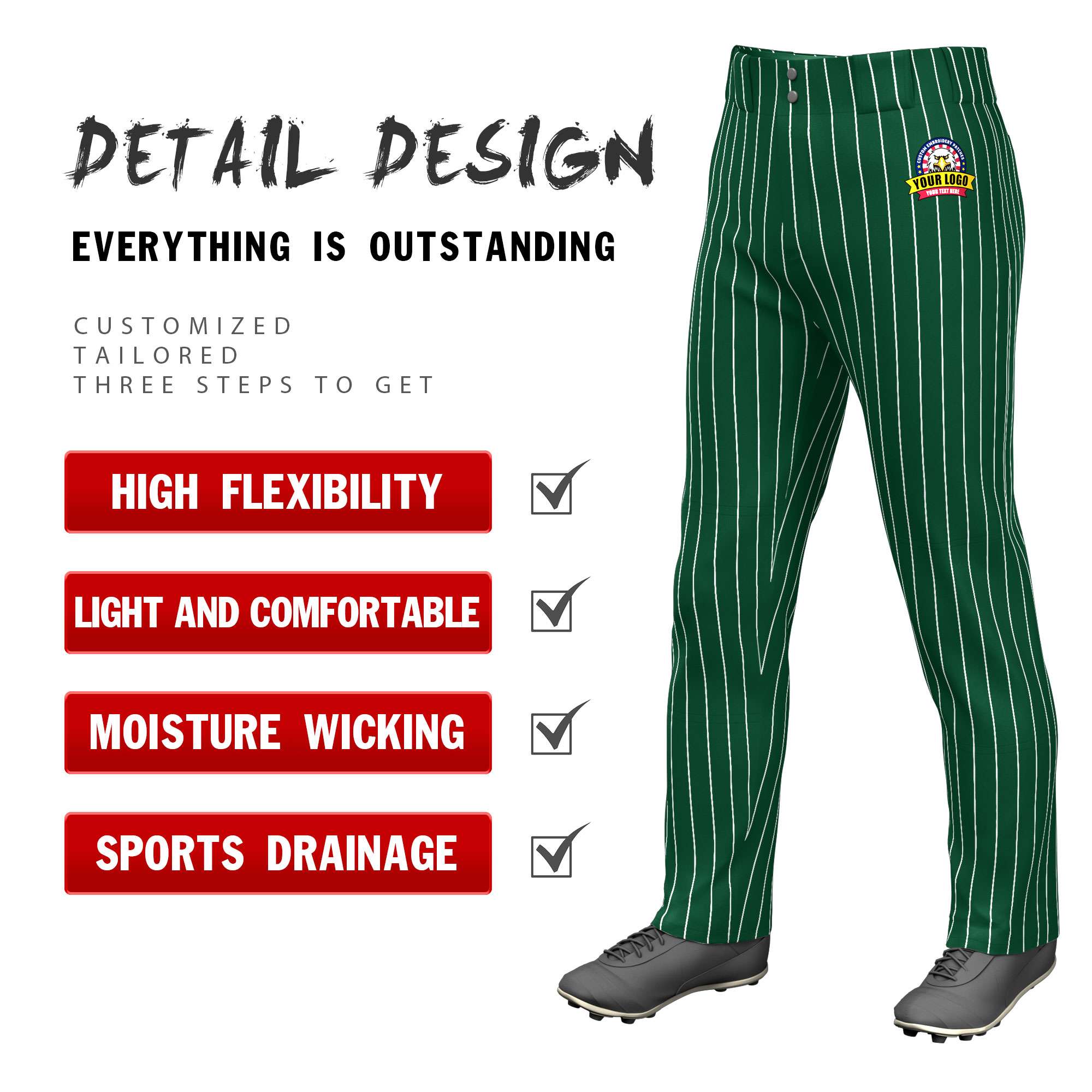 Custom Green White Pinstripe Fit Stretch Practice Loose-fit Baseball Pants