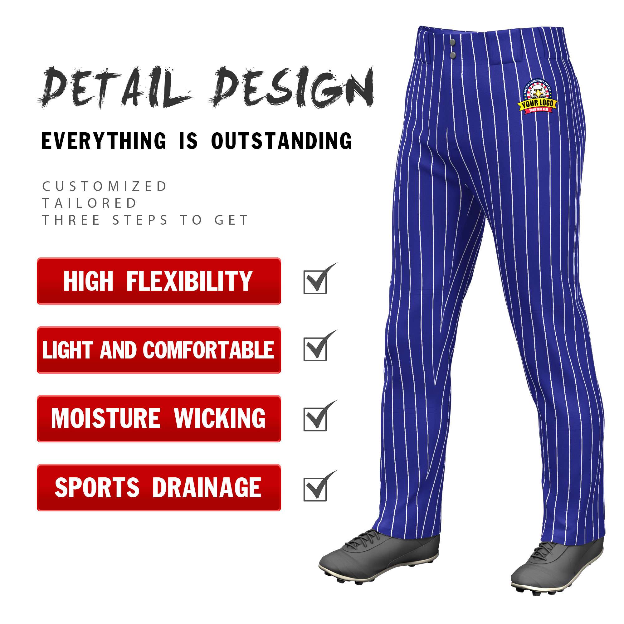 Custom Royal White Pinstripe Fit Stretch Practice Loose-fit Baseball Pants