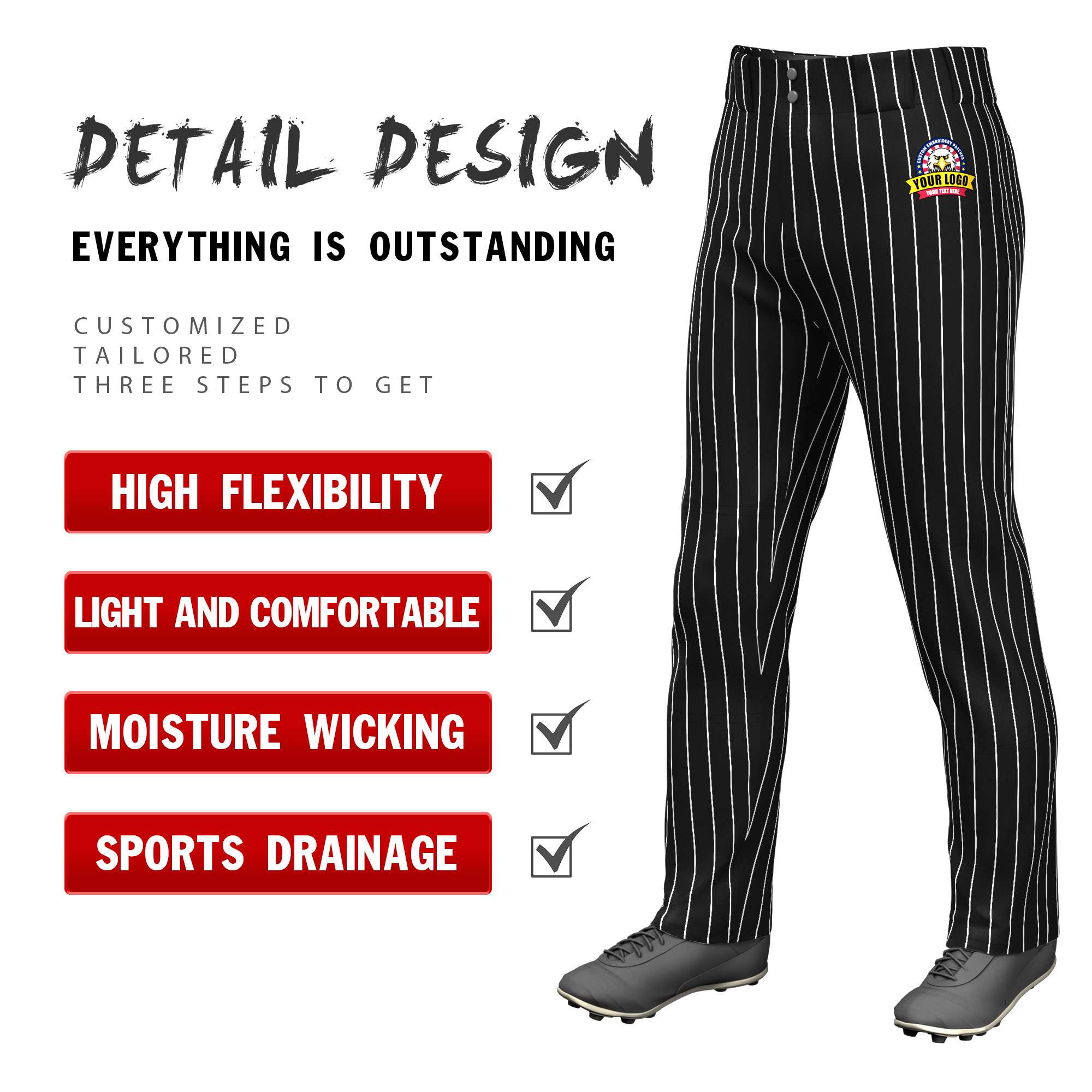 Custom Black White Pinstripe Fit Stretch Practice Loose-fit Baseball Pants