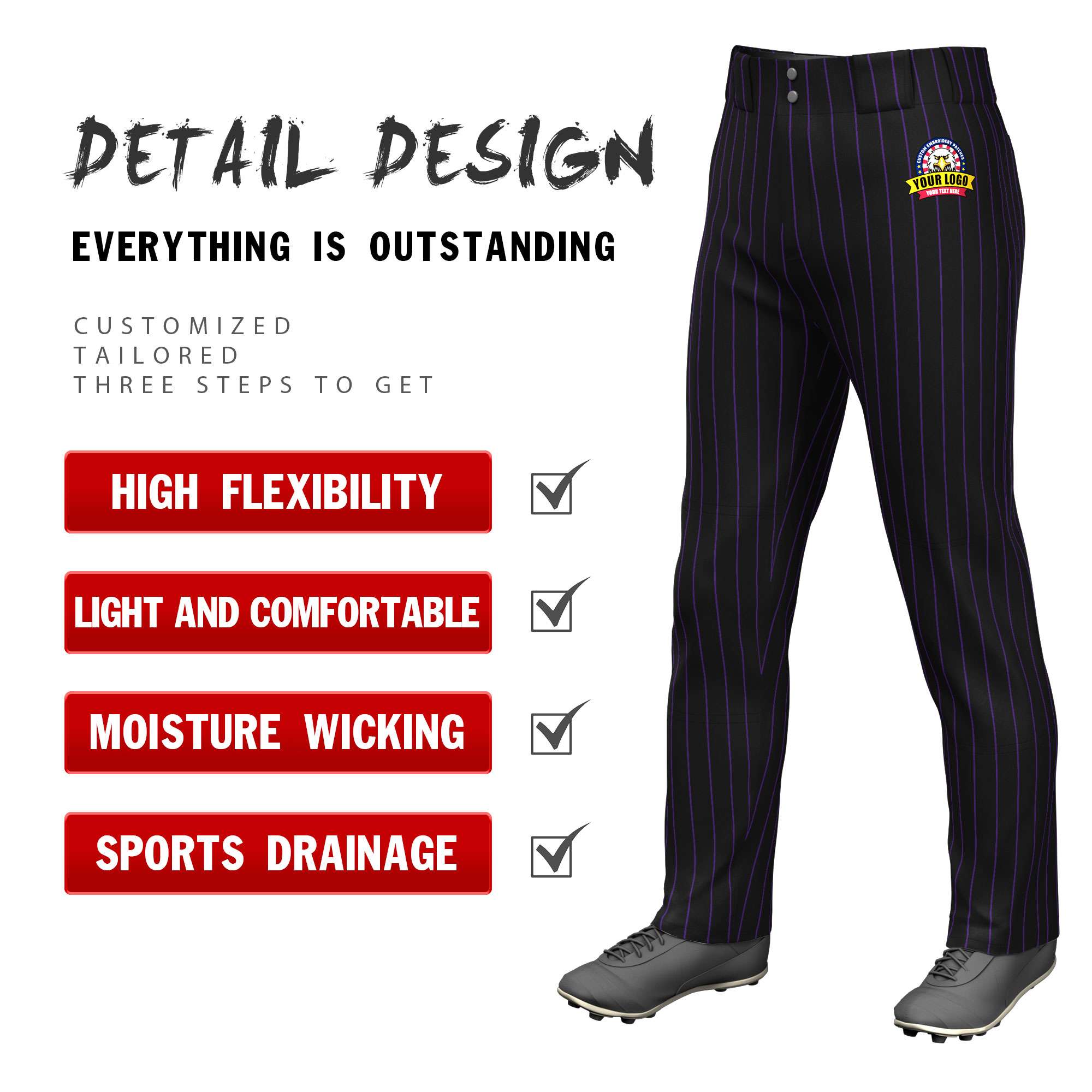 Custom Black Purple Pinstripe Fit Stretch Practice Loose-fit Baseball Pants