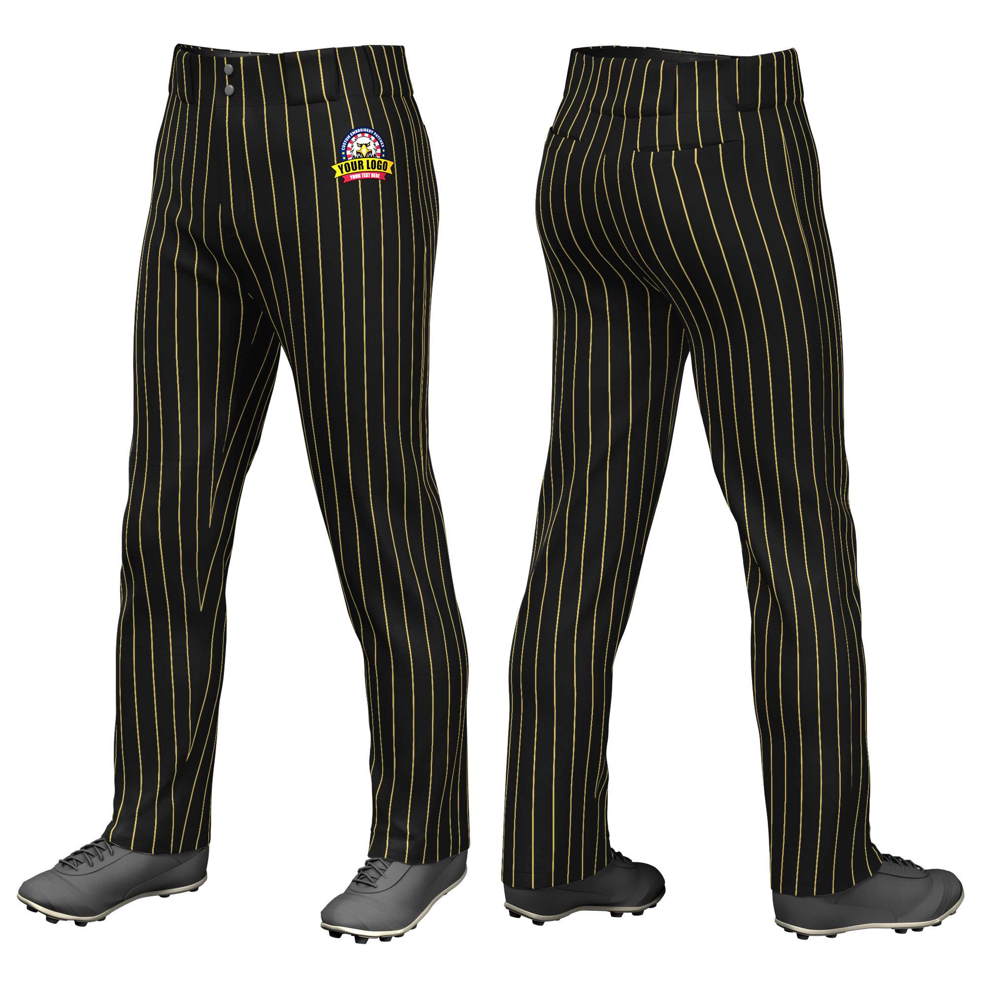 Custom Black Old Gold Pinstripe Fit Stretch Practice Loose-fit Baseball Pants