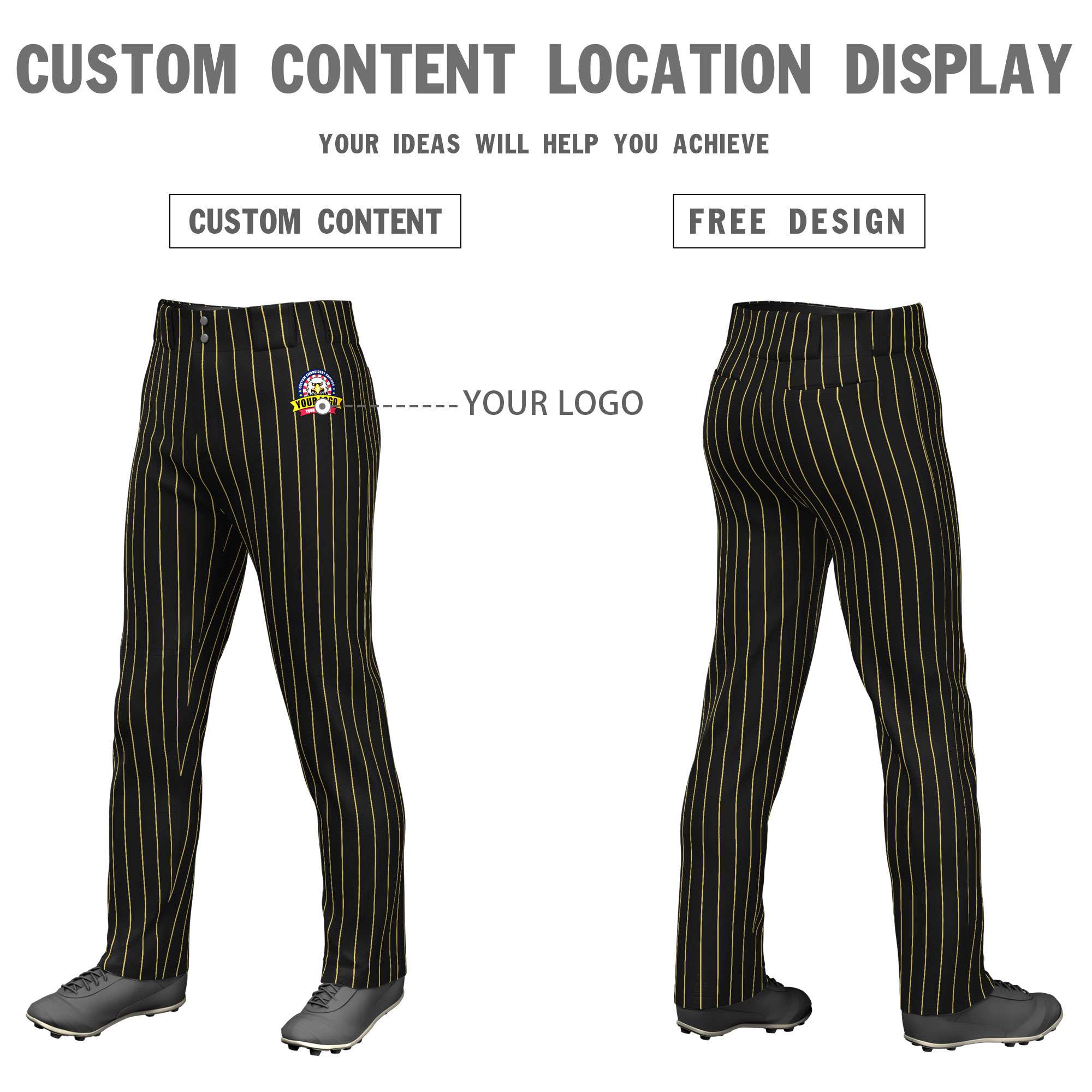 Custom Black Gold Pinstripe Fit Stretch Practice Pull  Up Baseball Pants