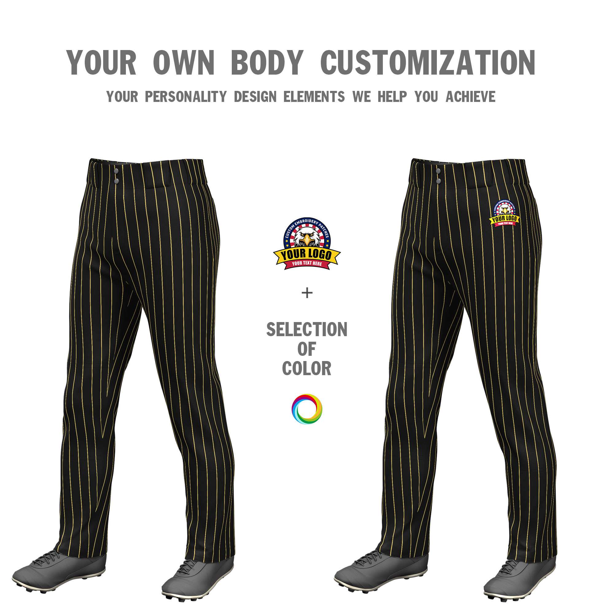 Custom Black Gold Pinstripe Fit Stretch Practice Pull  Up Baseball Pants