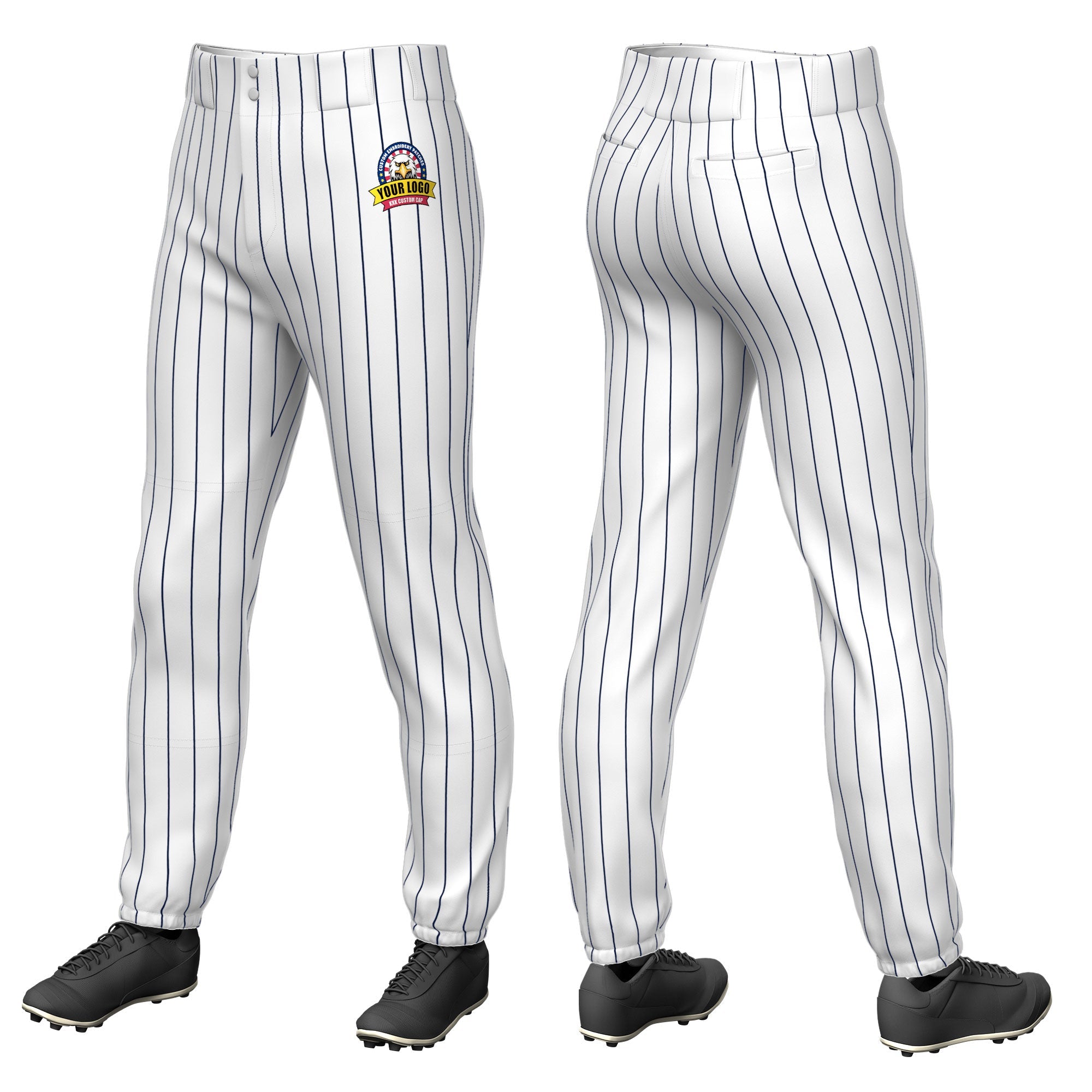 Custom White Navy Pinstripe Fit Stretch Practice Pull  Up Baseball Pants