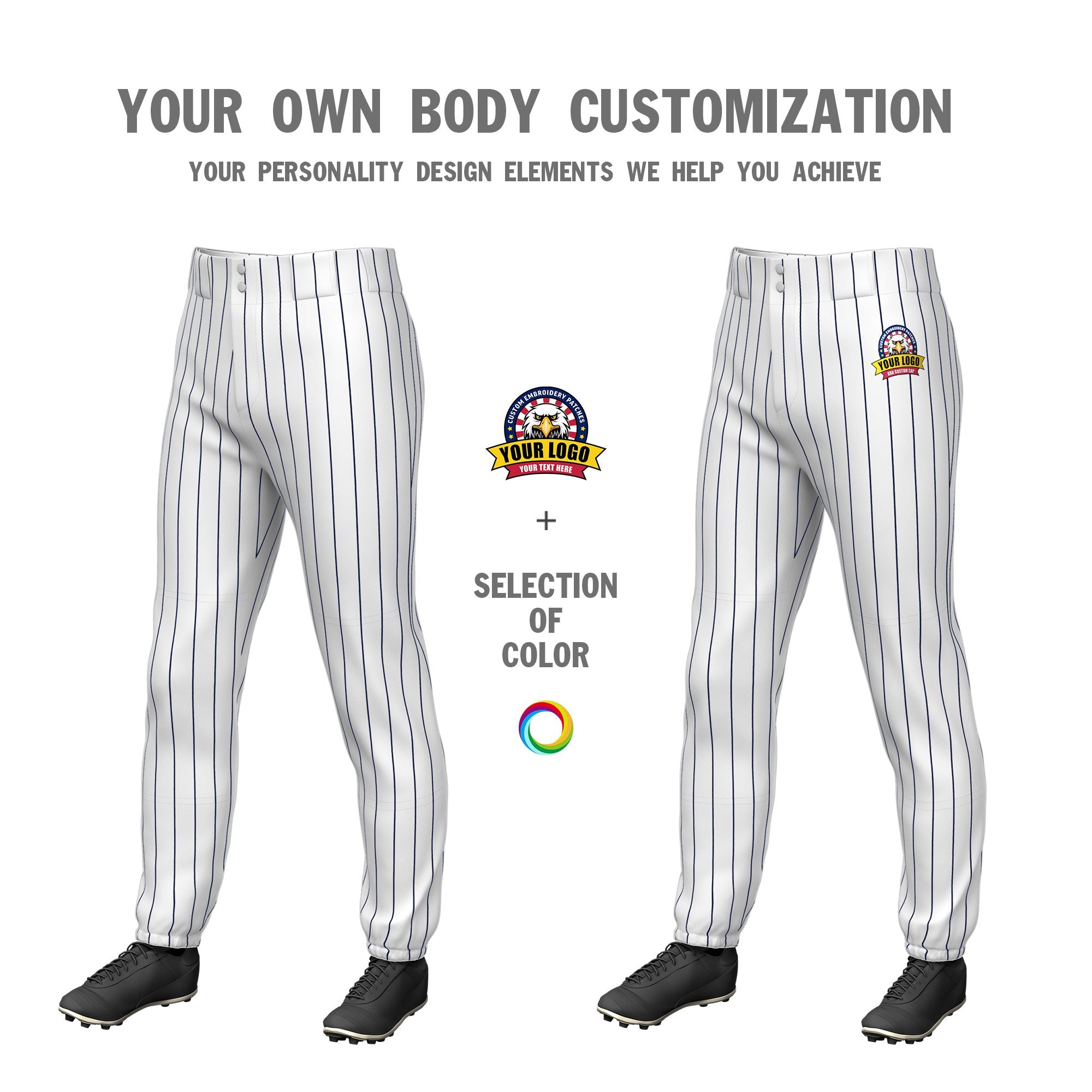 Custom White Navy Pinstripe Fit Stretch Practice Pull  Up Baseball Pants