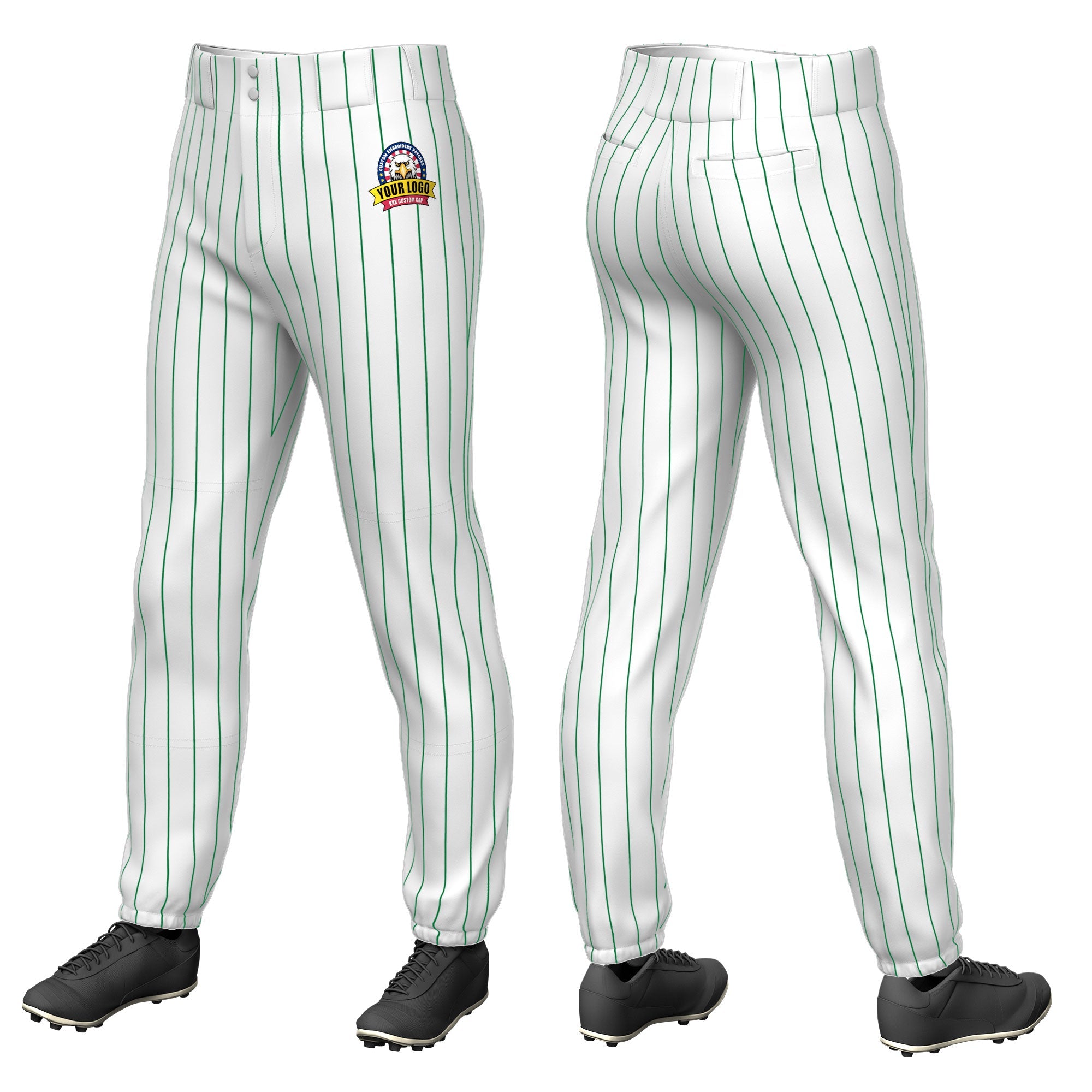 Custom White Kelly Green Pinstripe Fit Stretch Practice Pull  Up Baseball Pants