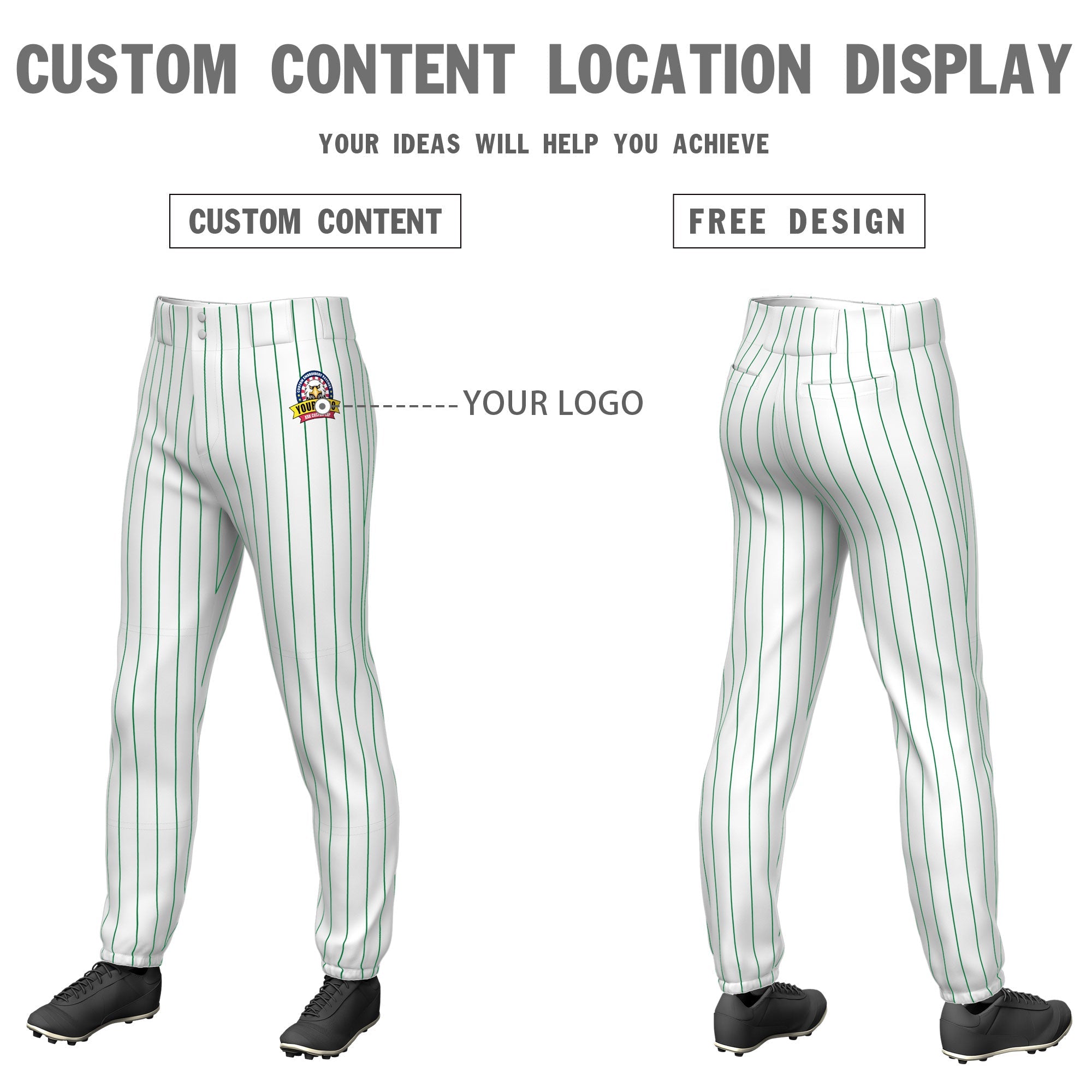 Custom White Kelly Green Pinstripe Fit Stretch Practice Pull  Up Baseball Pants