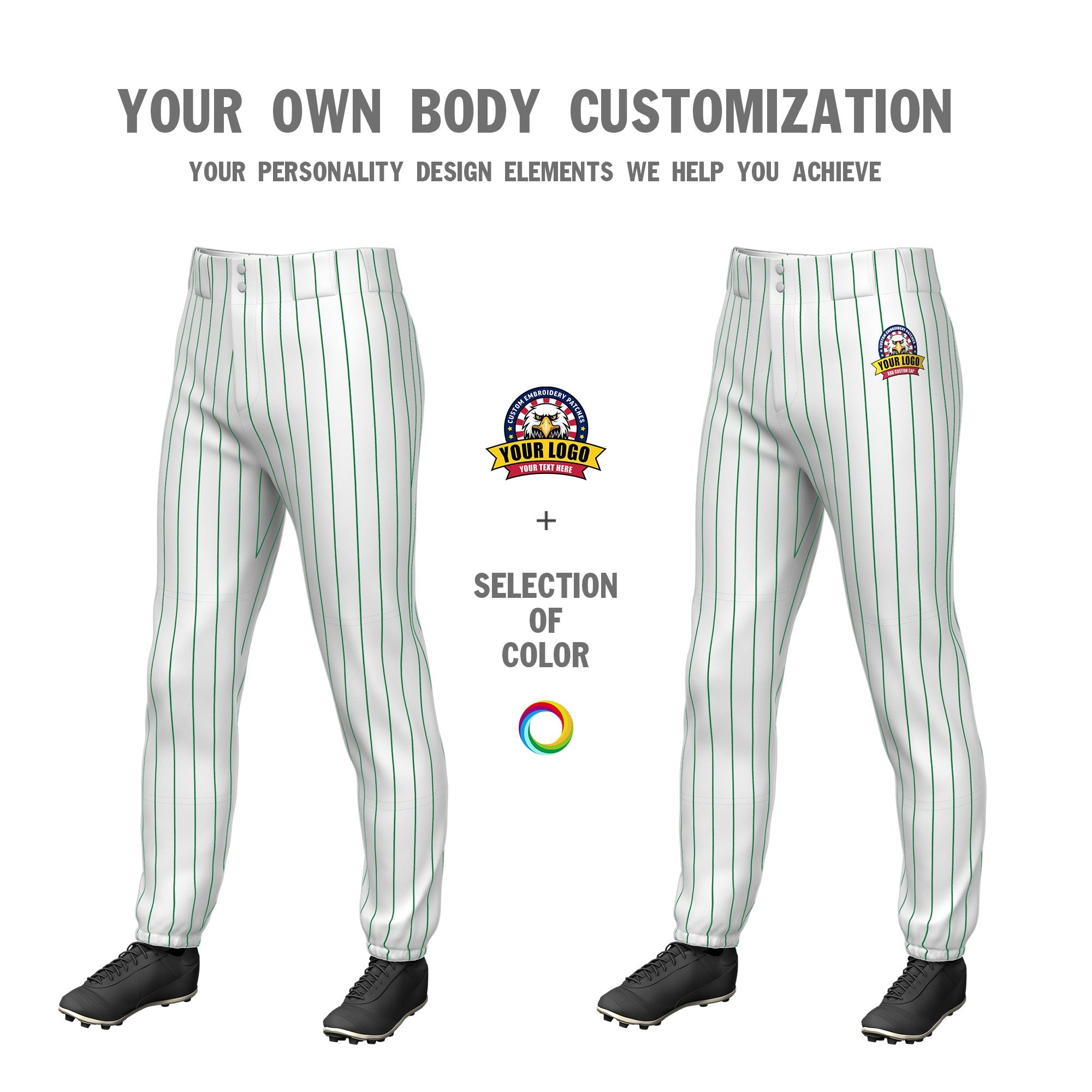 Custom White Kelly Green Pinstripe Fit Stretch Practice Pull  Up Baseball Pants